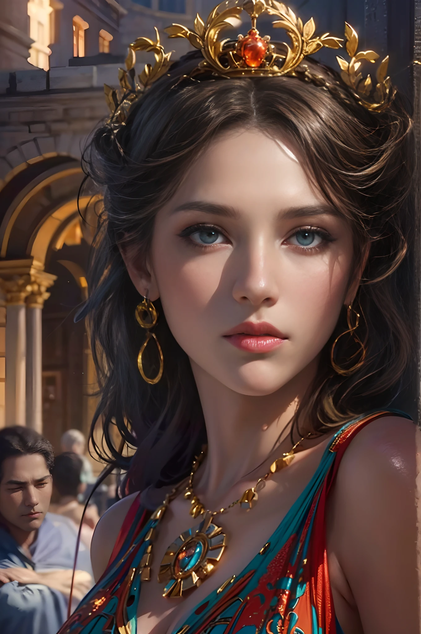 1fille, bare, cheveux longs et bruns, yeux hazel, Bare shoulders, arms crossed,flush , boobs, Hair between the eyes, hair flaps, white dress, greek mythology, Goddess Solo, brown-hair, Hair Ornament, jewels, ssmile, blushed, Corne, Next to, multiple views,