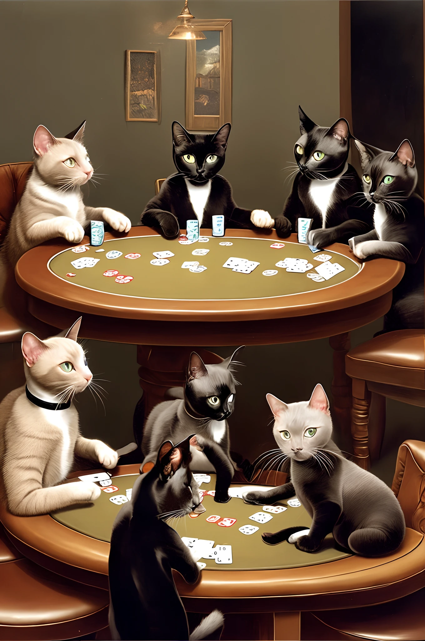 Two siamese cats, a black cat, a brown striped cat and a gray cat playing poker