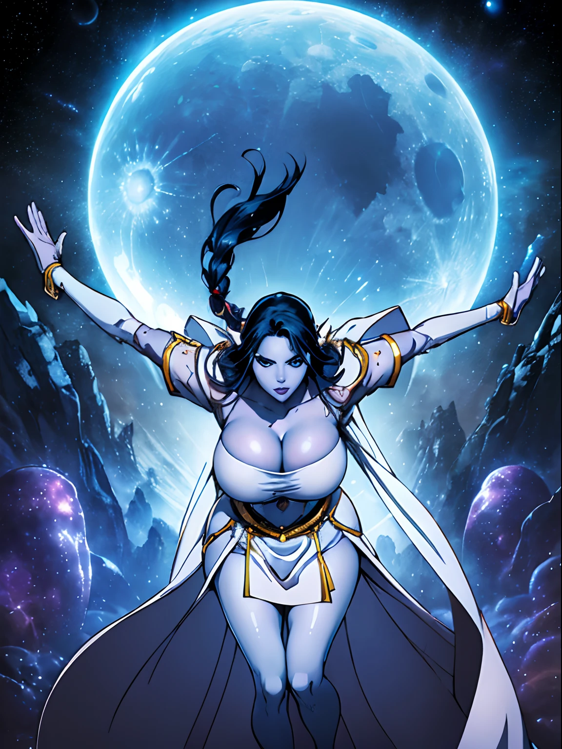 (masterpiece, top quality, best quality, official art, beautiful and aesthetic:1.2), (1girl:1.3), dark blue hair in braid, extremely detailed, portrait, looking at viewer, solo, (full body:0.6), detailed background, close up, (cool science fiction space theme:1.1), ((((blue skin, colored skin)))), extremely busty sorceress with (four arms), charlatan, mysterious, casting spells in space, four arms, revealing white robes, revealing white dress, veil, head wrappings, crossed straps, fingerless gloves, long gloves, glowing magical energy, blindfold, elaborate headdress, golden ceremonial headdress, sheer white fabric, elegant robes, skirts, streamers, cowl, cape, sandals, bracers, ((((extra arms, gigantic breasts, cleavage, skindentation)))), slim waist, slim hips, long legs, athletic, SPACE, futuristic moon, (space exterior:1.1) background, dark mysterious lighting, shadows, magical atmosphere, dutch angle
