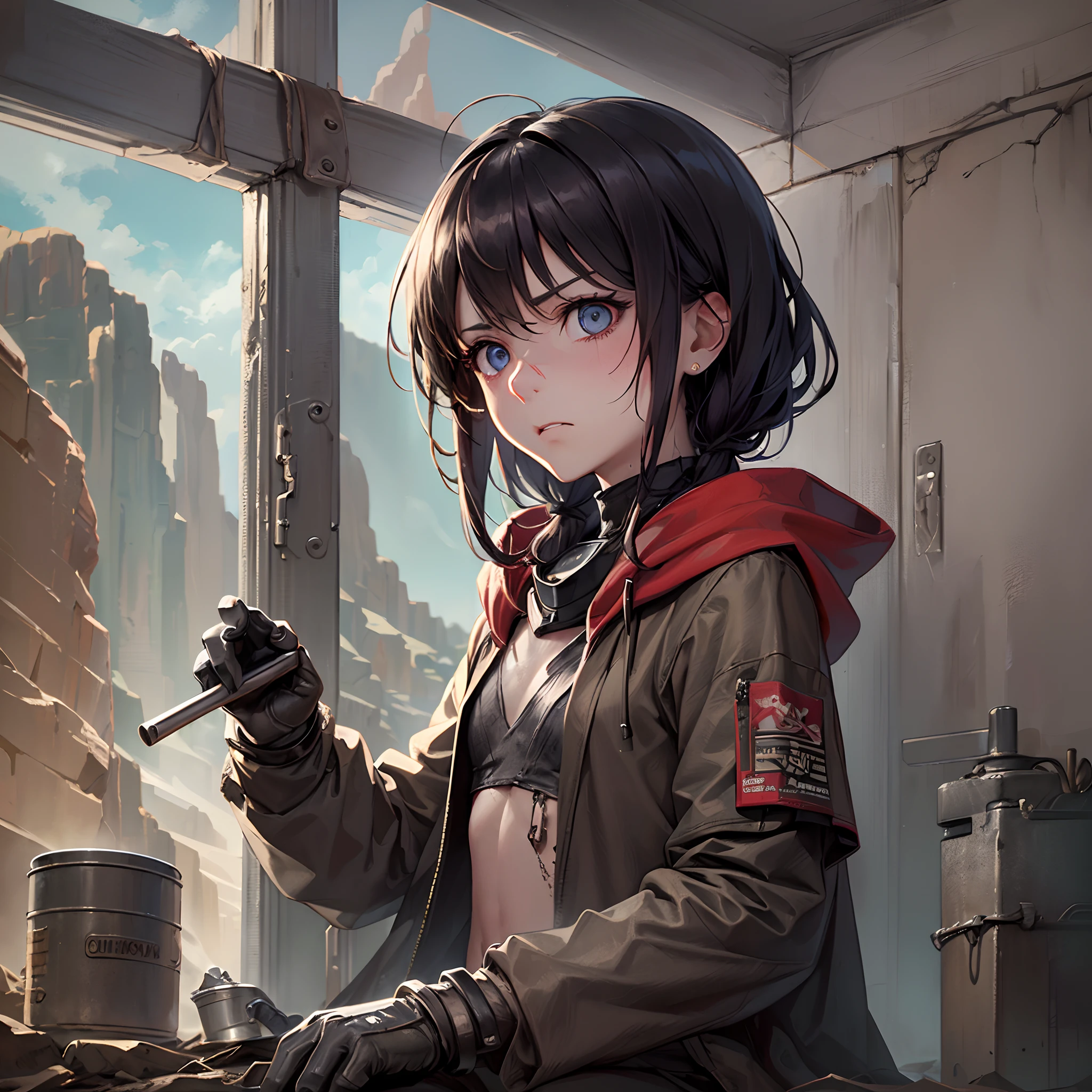 Detailed, Shadowvers Style, Masterpiece, Best Quality, 1girl, Solo, Slim, School, Indoor, , Full Body, ((( Character from the post-apocalyptic world))), Character is engaged in household chores, (((( medium chest))), ((Beautiful simple anime eyes)), ( The most frightened face)), ( The wasteland is visible), (( Mask clothes)), (( Cloak clothes),(( Canyon, Red Rocks))) , village ,(Sits on the sidelines), Full-length, ( Gloomy realistic color correction))), ((near the post-apocalyptic tank)), ((( very indignant face))), good anatomy, (((tiny in career)))