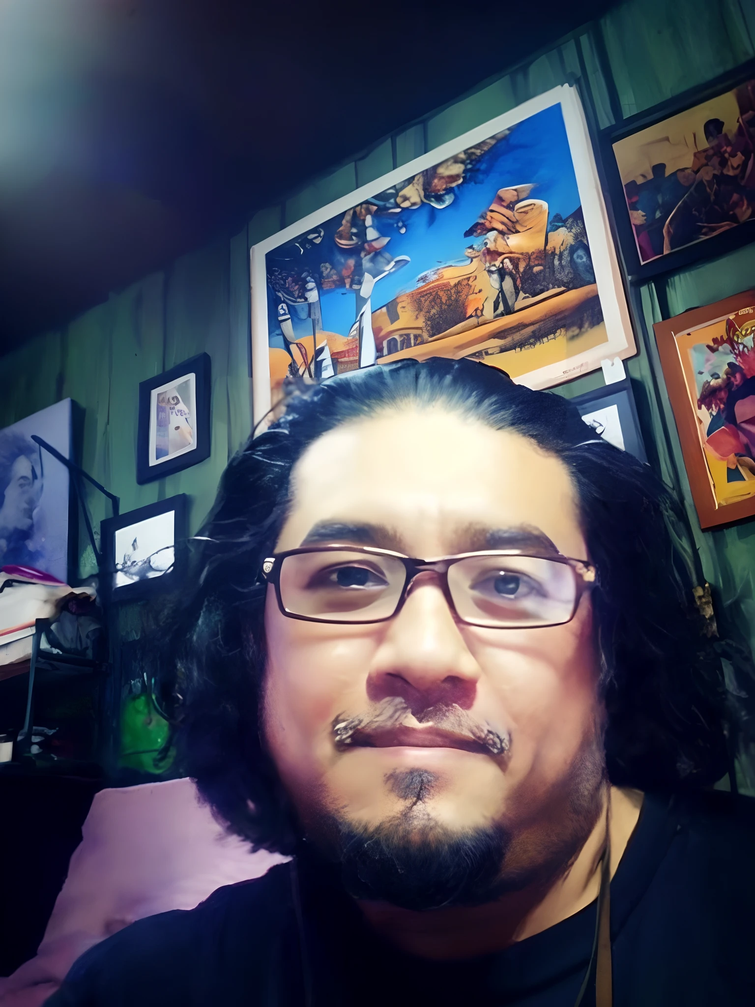there is a man with glasses and a beard sitting in a room, josan gonzales!!!, by Eddie Mendoza, inspired by Eddie Mendoza, by Randy Vargas, david villegas, portrait of danny gonzalez, art foreground : eloy morales, profile photo, profile pic, rafeal albuquerque comic art, tattoo artist, zigor samaniego, by Randy Gallegos