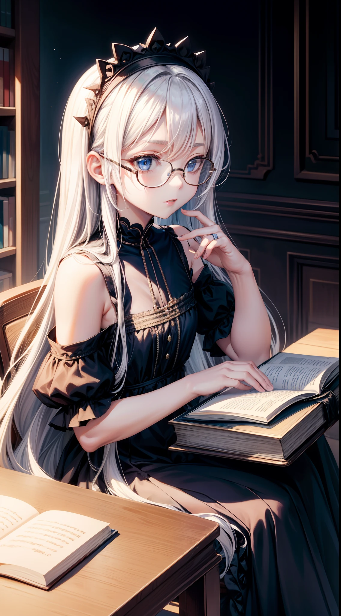 (Masterpiece, best quality), detailed, portrait, closeup, (medieval magic academy uniform, glasses, reading glasses, white boots), athletic, busty, demon, demon girl, detailed beautiful purple eyes, detailed face, white hair and white skin, braided ponytail, demon horns, full of details.