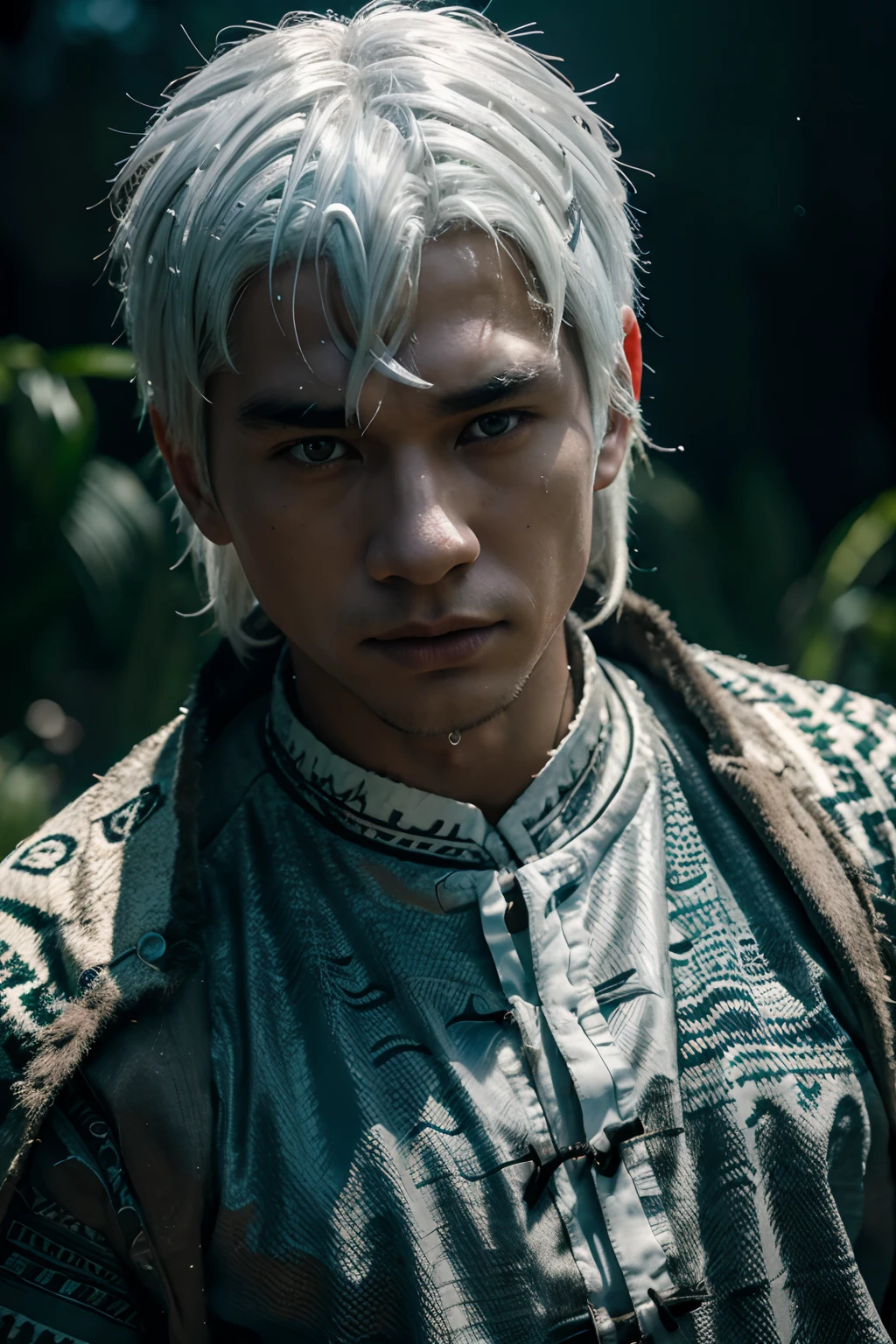 (extremely detailed 8k wallpaper), Dark Theme, Modern Horror, fine focus, (subsurface dispersion:1.1), ((white hair)), ((twenty years old man)), (Mongolian), (((tribal clothes))) centered face, award-winning photography, dramatic lighting, expression (serious), a green field at night.
