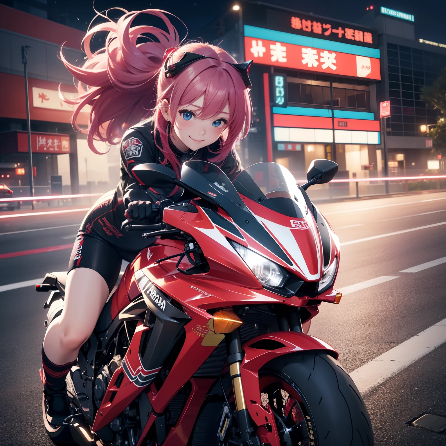 top-quality、8K、hight resolution、​masterpiece、(portlate:0.6)、Kawasaki bikes ride at high speed around the city、(slow motion:1.3)、(Motion Blur:1.3)、(SPEEDLINE:1.4)、Sense of speed、1girl in、Sparks and smoke coming out of tires、Pink hair、Middle hair、(A smile:1.3)、(Look at viewers:1.3)、(bokeh dof)、18year old、cute  face、Red Metallic，nighttime scene，neon color，Red Neon，Blue Neon，Green Neon，Flowing Neon，Detailed mech