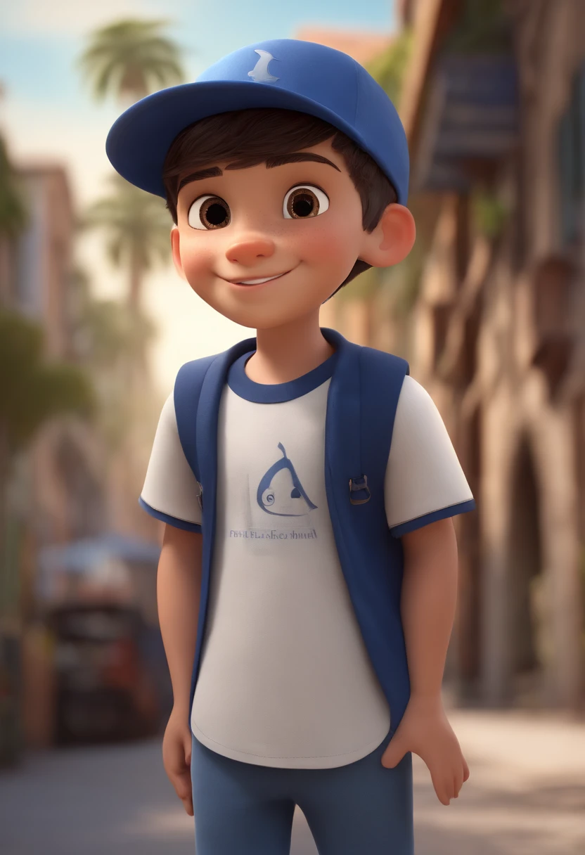 A happy cute boy standing short hair with dark blue cap , vestindo uma camisa azul , , fundo branco, barnet, Tom, Estilo Pixar, ......3d, desenhos animados, rosto detalhado, asymmetrical 16k