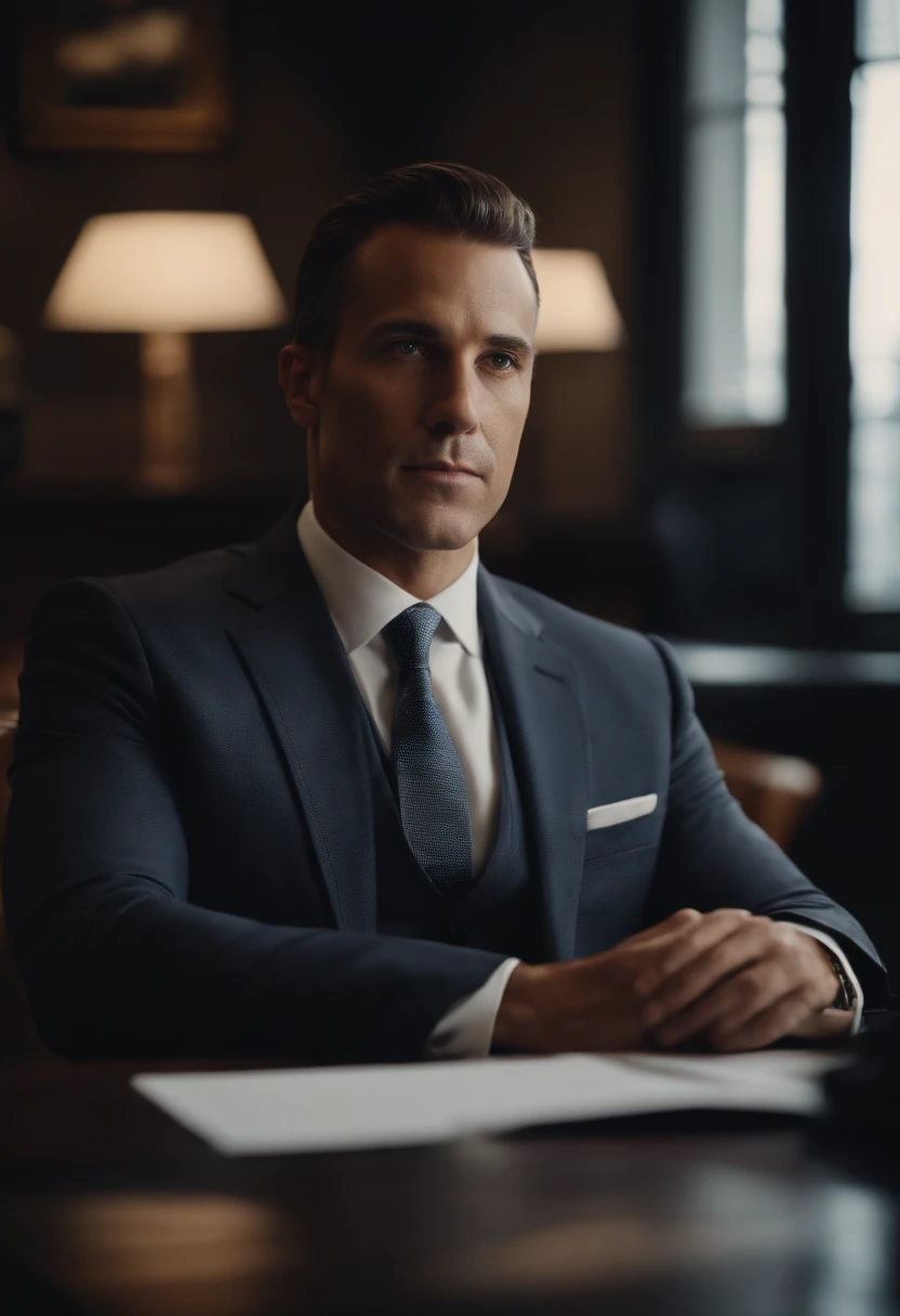 Portrait of New York businessman sitting behind desk in suit This man should be handsome and elegant Images should be 8K、Behind him you need to see New York、de frente、looking at the camera