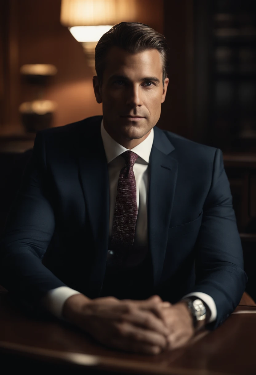 Portrait of New York businessman sitting behind desk in suit This man should be handsome and elegant Images should be 8K、Behind him you need to see New York、de frente、looking at the camera