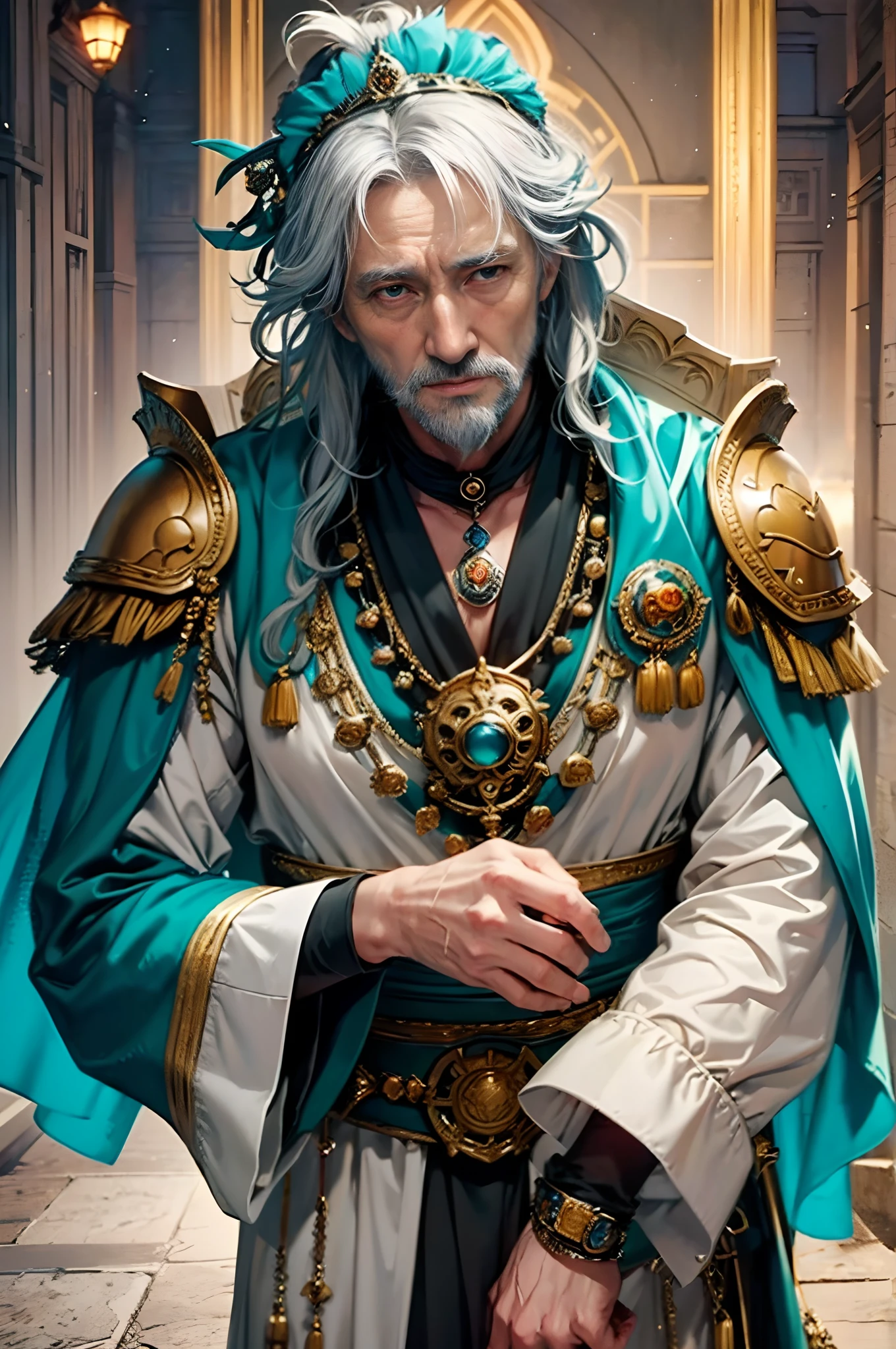 Describes one of the old kings of the ancient Roman Empire, Marcus Aurelius(Caesar XIV),Richard Harris(Richard Harris)(Richard Harris)play,A.D. 180, He was 85 years old,Classic Caesar armor draped in turquoise robes,Ornaments belonging to the king,Long messy silver hair,Delicate short beard,piercing eyes,Full of wisdom,He was surrounded by a lot of candles,I'm flipping through official documents,(He was a dictator all his life,He was a great philosopher,At the same time, He was also a fragile old man tired of war,)K's, High definition, Detailed face, Detailed eyes,Hyper-realistic, + cinema shot + Dynamic composition, Incredibly detailed, Sharpen, Cinematic, warm lights, Light effect, Dramaticlight, (Intricate details:1.1), the complex background, (greg rutkovsky:0.8), (Teal and orange:0.4),Correct anatomy,correct hand,