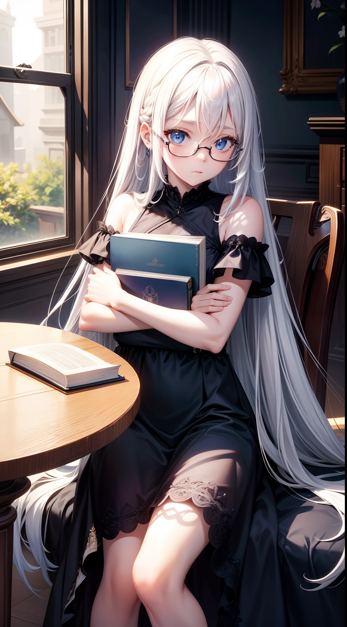 (flat:1.5),(cafe, window, sunlight, table, chair, sedentary:1.5) (BIG ASS, thick thighs:0.7), (warm light source:1.2), intricate details, volumetric lighting, Realism BREAK(masterpiece:1.2), (top quality), 4K, ultra detail, (Dynamic configuration:1.4), Very detailed and colorful details,(rainbow colors:1.2), (shining lights, atmospheric lighting), dreamy, magical, (alone:1.2), intricate details, cheeky expression, (big bust:1.5), (Black eyes with a slight purple tint:1.5), (a devastated expression, dead eyes, dark atmosphere:1.5), (Very white and long hair with a bluish tint, weak perm:1.5), (oversized white shirt:1.5), (bare foot, round-rimmed glasses:1.5), (chubby:1.1), (smiling faintly:1.5),(human ear,thin legs:1.5),(chair에 sedentary, diagonal shot:1.5), (I'm putting my hands behind my back:1.5)