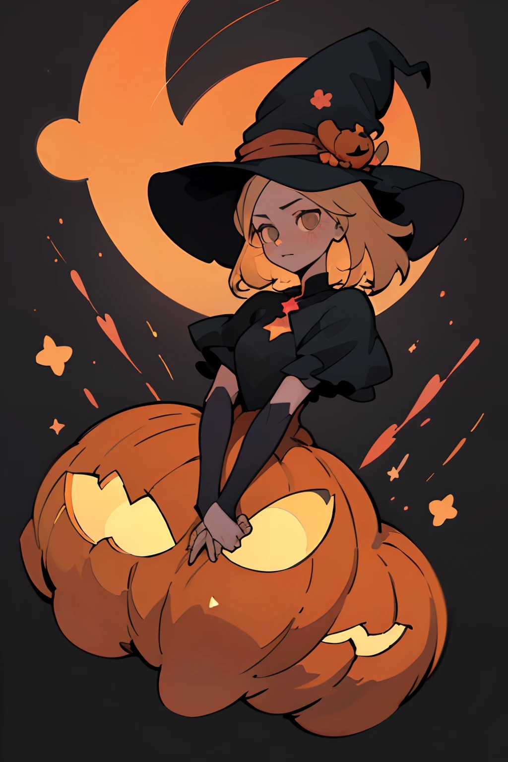 （Best quality at best，tmasterpiece），1girll，Particle，ventania，florals，The upper part of the body，Dark simple background，looking at viewert，The blonde，Witch hat，sorceress woman，Halloween，Halloween pumpkin，Wear a black Halloween style dress，galaxias