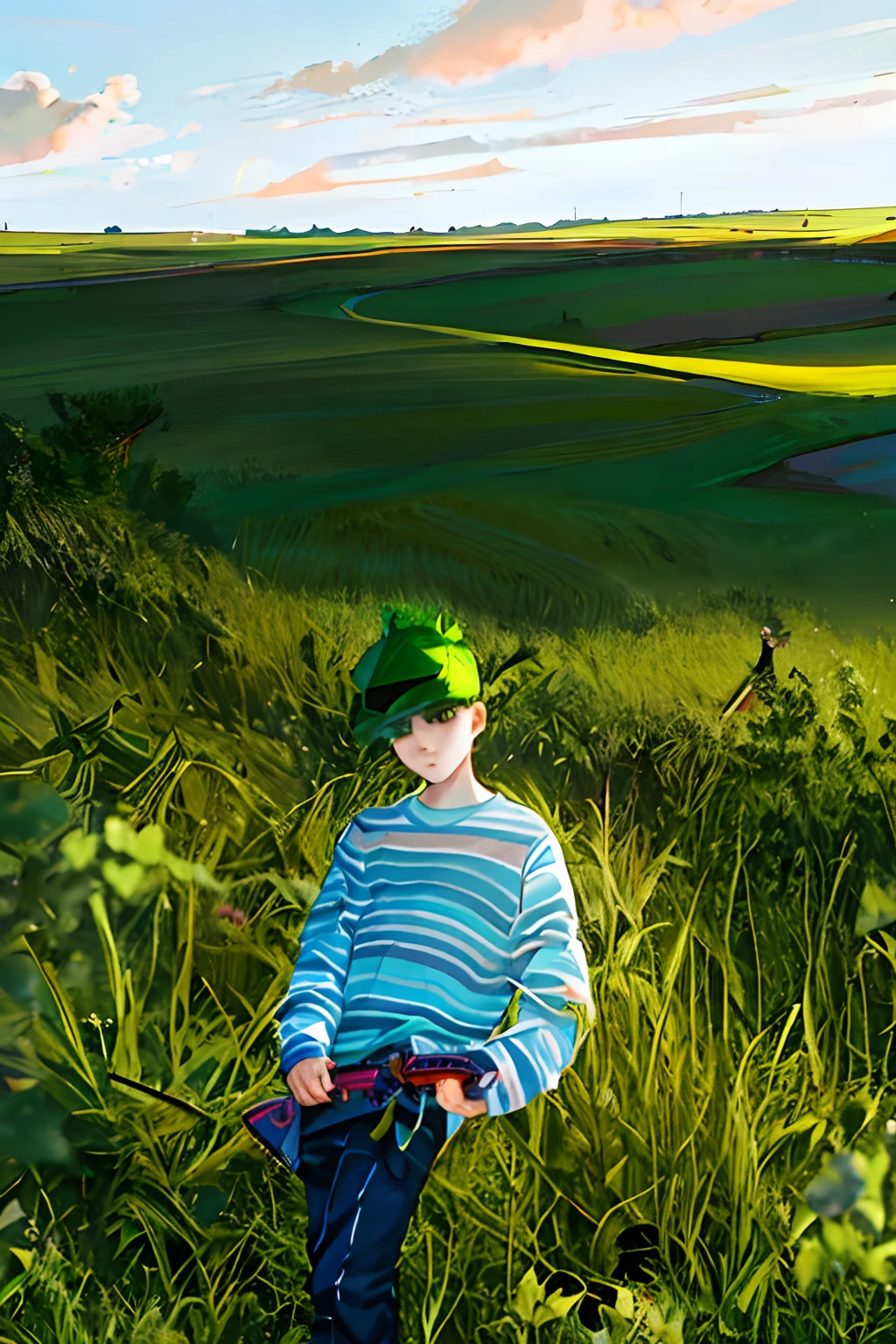 there is a man standing in the grass with a skateboard, amidst nature, full body photogenic shot, on an alien grassland, profile shot, edited in photoshop, teenage boy, in style of ren hang, on a green hill, overload, with sunglass, very very low quality picture, inspired by Ren Hang, background blur, music video, photoshoot, photography