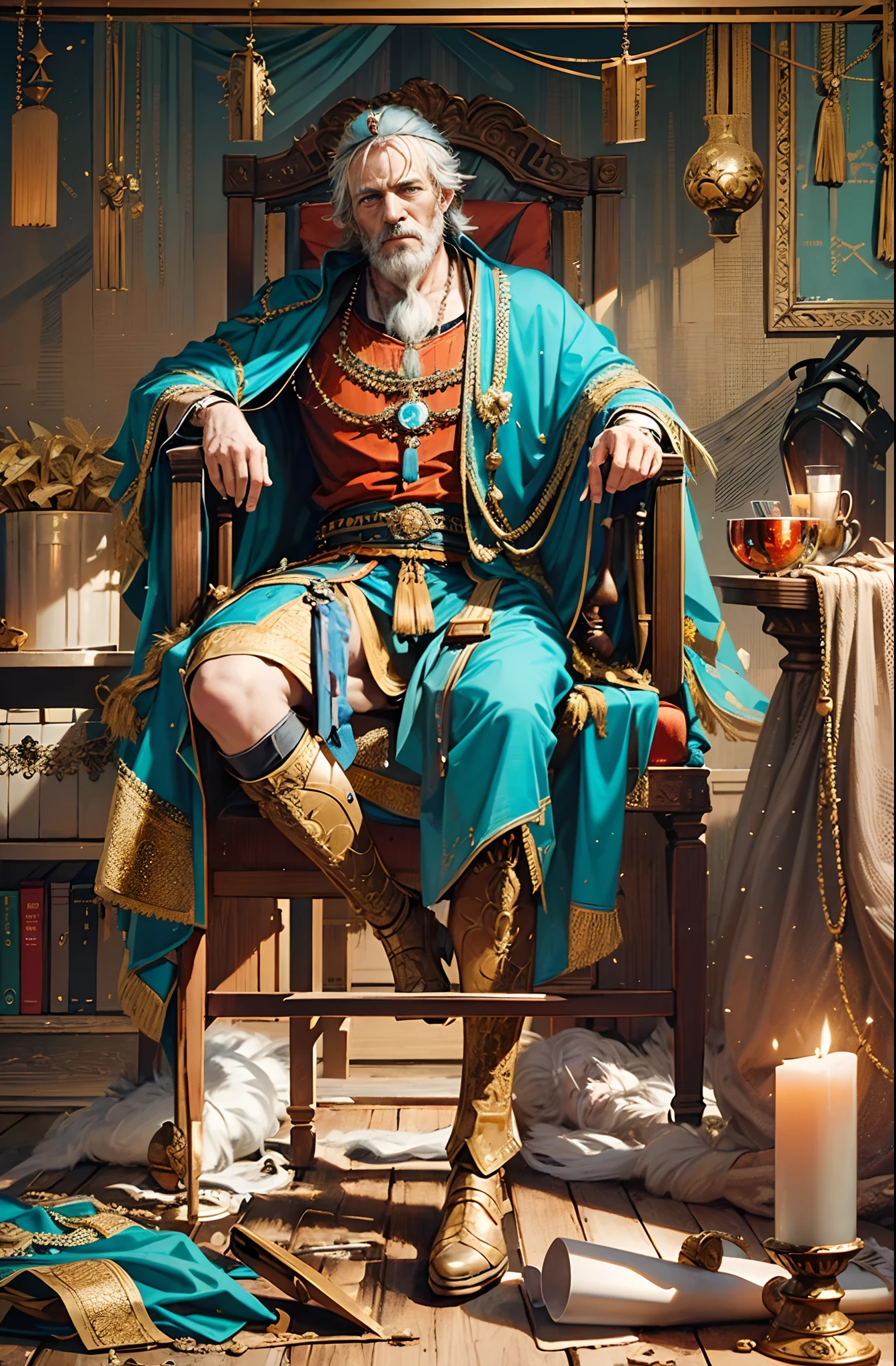 (Movie Premiere Poster 1.8)，Describes one of the old kings of the ancient Roman Empire, Marcus Aurelius（Caesar XIV），Richard Harris（Richard Harris）（Richard Harris）play，A.D. 180， He was 85 years old，Classic Caesar armor draped in turquoise robes，Ornaments belonging to the king，Long messy silver hair，Delicate short beard，piercing eyes，Full of wisdom，Add a scene：In the marching tent，Shelves full of candles around，sit on chair，He was flipping through official documents，（He was a dictator all his life，He was a great philosopher，At the same time, He was also a fragile old man tired of war，）K's, High definition, Detailed face, Detailed eyes，Hyper-realistic, + cinema shot + Dynamic composition, Incredibly detailed, Sharpen, Cinematic, warm lights, Light effect, Dramaticlight, (Intricate details:1.1), the complex background, (greg rutkovsky:0.8), (Teal and orange:0.4），Correct ???????，
