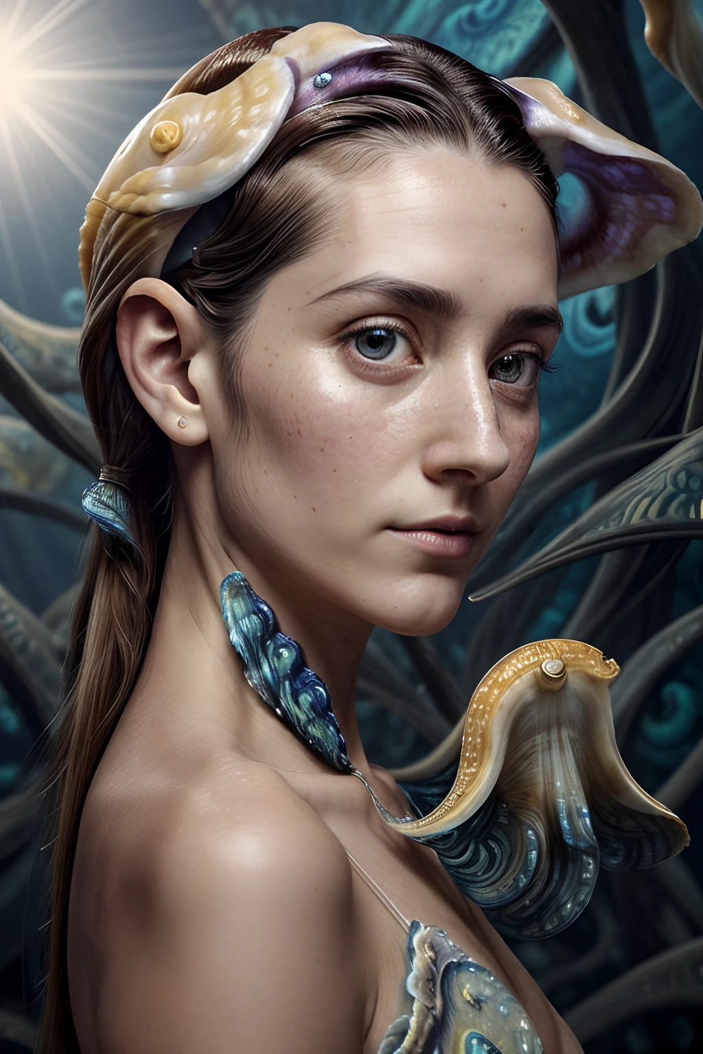1 woman cuttlefish:1.2 , 30yo, selfie as a (human-sized cuttlefish:2.0), she's full fused into ((cuttlefish)), (stunning cuttlefish detail:1.7), eight arms and two tentacles, exterior open ocean, highly detailed texture,(chromatophores:1.8), dream-like, gorgeous color changes (metachrosis), Cephalopod:1.9, blue sky, open ocean, ((high contrast)), luminous, slippery, (deep, darkest shadows), (shadow details:1.0), ((taken using Leica camera, aperture: f/2.3)) ,(kkw-ph1:0.9), hyper-realistic skin, pores and freckles, (she has sand blonde hair, long, messy), her hair is pulled back over her ear, her ears are cuttlefish tentacles, cephalopod-like, shell ears, beautiful cephalopod, healthy sun-kissed skin, blushing, her arms and tentacles relaxed near around her, ,relaxed pose, she's in dark with natural light glow, radiant skin , sultry, tantalizing, perfectly framed face, perfect relaxed , perfect arms, (perfect portrait, incredible eyes:1.1), a work of art, beautiful composition, golden ratio, playful pleasure joy, inspiring, (highest quality fabric texture), every detail,Fine facial features – (Highest Quality) ,Leica camera film, High quality ○○ detailed – ○○ details ultra detailed(Ultra-fine ), Photorealistic, Extremely detailed(Extremely detailed) , (highest detail image, lens flare, realistic)○○ res – ○○ resolution ultra high res(A high resolution),playfully sexy and relaxed photos