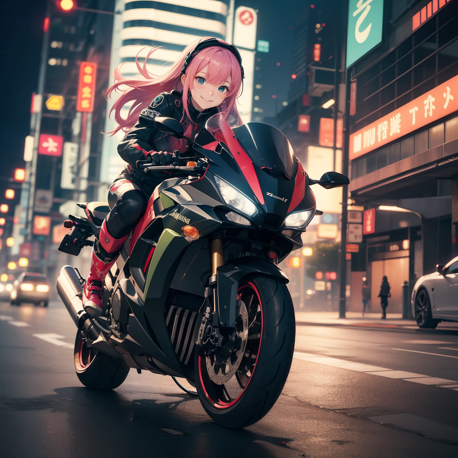 top-quality、8K、hight resolution、​masterpiece、(portlate:0.6)、Kawasaki bikes ride at high speed around the city、(slow motion:1.3)、(Motion Blur:1.3)、(SPEEDLINE:1.4)、Sense of speed、1girl in、Sparks and smoke coming out of tires、Pink hair、Middle hair、(A smile:1.3)、(Look at viewers:1.3)、(bokeh dof)、18year old、cute  face、Red Metallic，nighttime scene，neon color，Red Neon，Blue Neon，Green Neon，Flowing Neon，Detailed mech