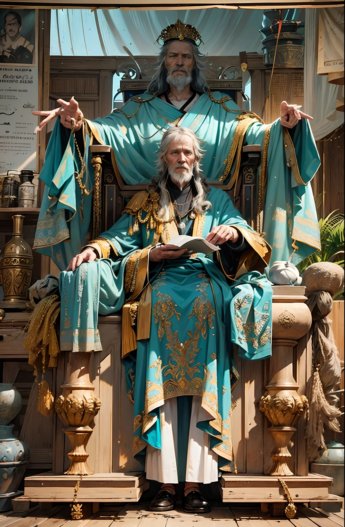 (Movie Premiere Poster 1.8),Describes one of the old kings of the ancient Roman Empire, Marcus Aurelius(Caesar XIV),Richard Harris(Richard Harris)(Richard Harris)play,A.D. 180, He was 85 years old,Classic Caesar armor draped in turquoise robes,Ornaments belonging to the king,Long messy silver hair,Delicate short beard,piercing eyes,Full of wisdom,Add a scene:In the marching tent,Shelves full of candles around,sit on chair,He was flipping through official documents,(He was a dictator all his life,He was a great philosopher,At the same time, He was also a fragile old man tired of war,)K's, High definition, Detailed face, Detailed eyes,Hyper-realistic, + cinema shot + Dynamic composition, Incredibly detailed, Sharpen, Cinematic, warm lights, Light effect, Dramaticlight, (Intricate details:1.1), the complex background, (greg rutkovsky:0.8), (Teal and orange:0.4),Correct anatomy,