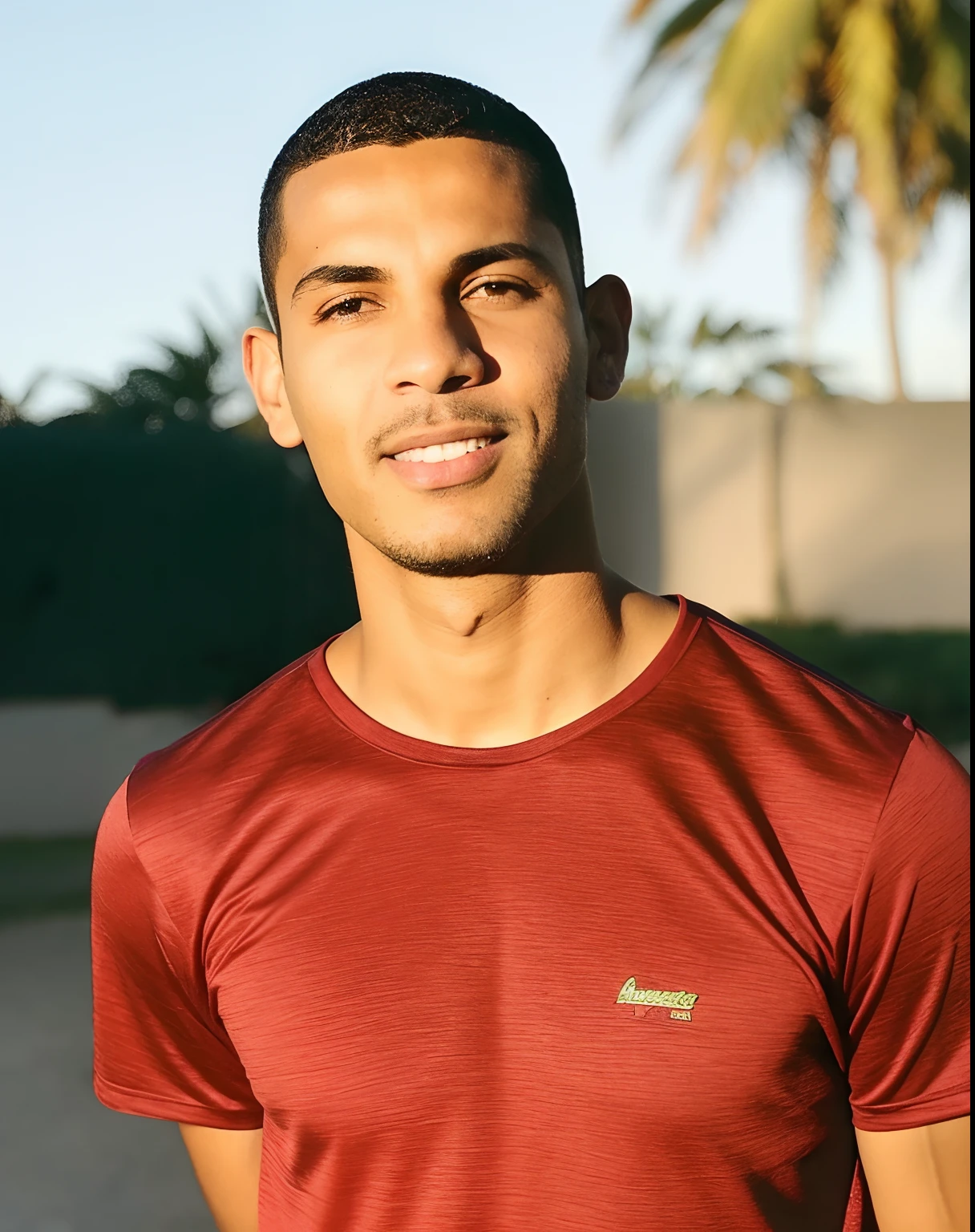 arafed man in a red shirt standing in front of a palm tree, caio santos, mohamed reda, andres rios, icaro carvalho, joseph moncada, luis melo, carmelo blandino, joel torres, david rios ferreira, ronaldo luis nazario de lima, nick silva, ronaldo luis nazario da lima, mohamed chahin