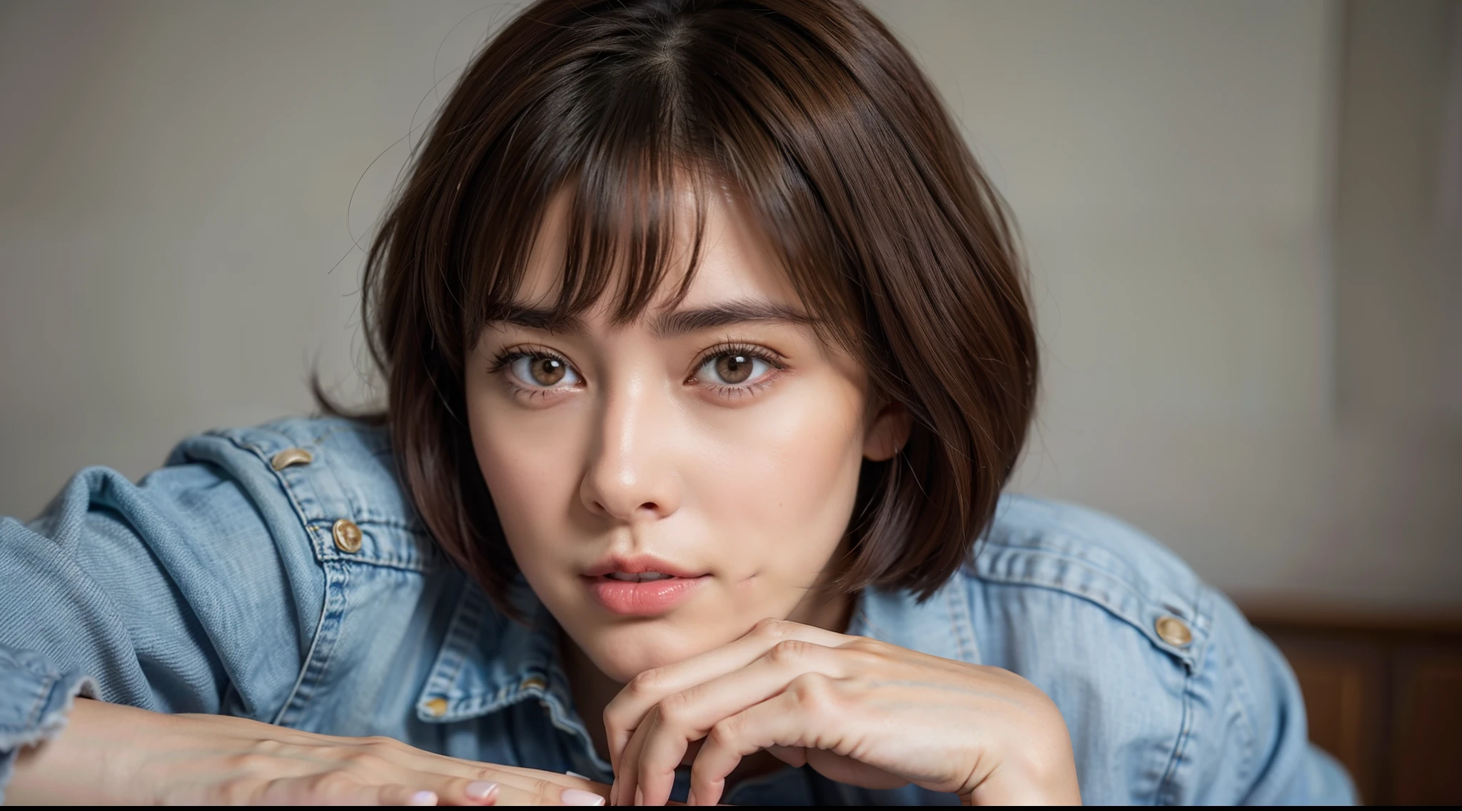 (Raw photo, Best Quality), (Realistic, Photorealsitic:1.3), masutepiece, extremely delicate and beautiful,Soft light, (Brown hair, Short hair, Bangs), Beautiful detailed girl, Detailed fingers, extremely detailed eye and face, beautiful detailed nose, Beautiful detailed eyes, 1 girl, Cute, 年轻, Silk Collar Shirt, Denim jeans, pale skin, (Half body:1.3, Sitting), (medium breasts), Realistic face, Realistic body,