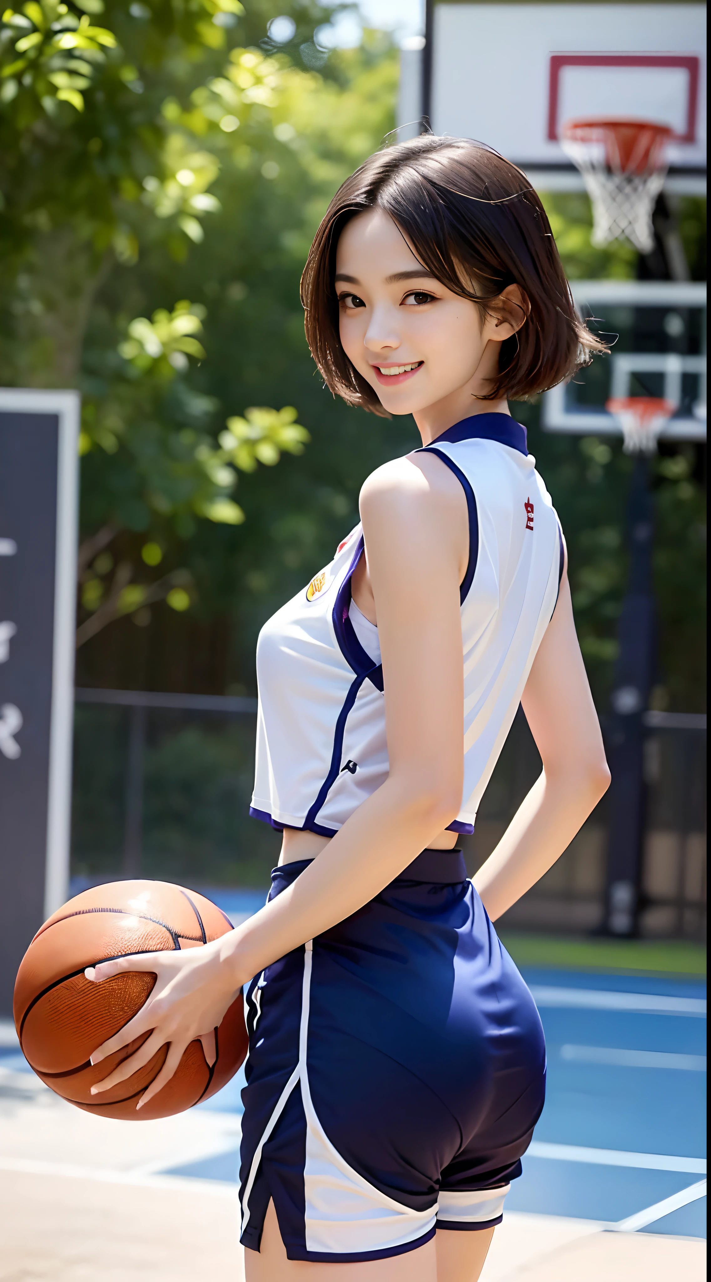 (masterpiece,top-quality,超A high resolution),one japanese woman, (((Very beautiful 12 year old girl))), Kawaii Girl、View photographer、, ((Shorthair)), hyper cute face, Glossy lips, Double eyelids in both eyes,Smiling smile、 Natural makeup, long eyelashes, Glossy and smooth hair quality、central image, Perfect limbs, Perfect Anatomy、(((,Basketball Player Silk Sleeveless Uniform,Beautiful little buttocks pointing upwards, The bra is visible through the armhole of the uniform,Loose uniform,Look back)))