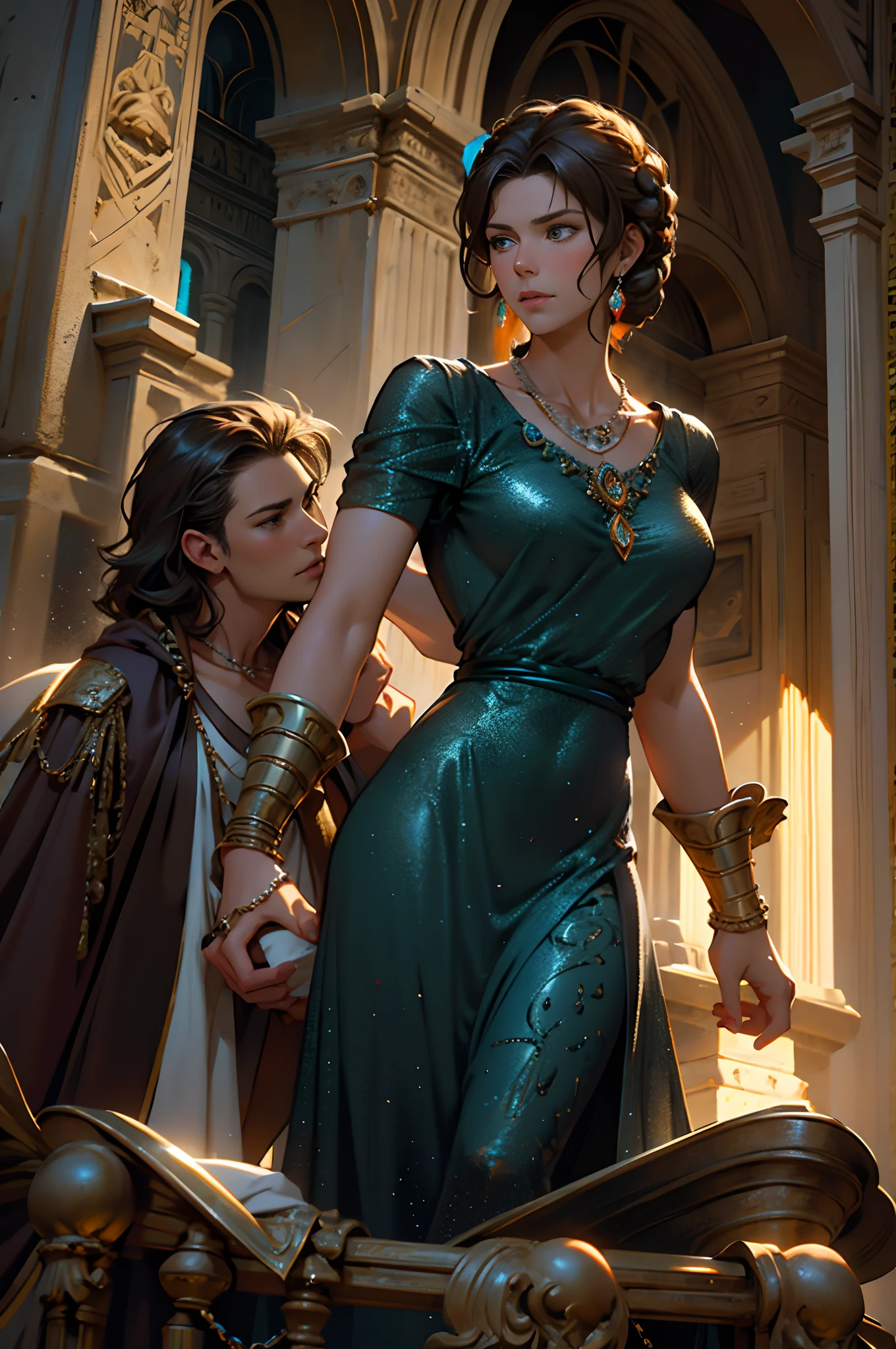 (Movie Premiere Poster 1.8), It depicts Lucia, a princess of the ancient Roman Empire,,by Danish actress Connie Nelson(Connie Nielsen)Play,She was the daughter of the ancient Roman emperor Marcus Aurelius,Commodus's sister。She lived with her son after her husband's death。Long dark brown hair,With a delicate necklace,Delicate earrings,She was 35 years old,Wear a gorgeous and sexy evening dress,Stand in the Colosseum,Be interviewed,,Photo taken in 2001,8K, High definition, Detailed face, Detailed eyes,Hyper-realistic, + cinema shot + Dynamic composition, Incredibly detailed, Sharpen, Cinematic, warm lights, Light effect, Dramaticlight, (Intricate details:1.1), the complex background, (greg rutkovsky:0.8), (Teal and orange:0.4),Correct anatomy,