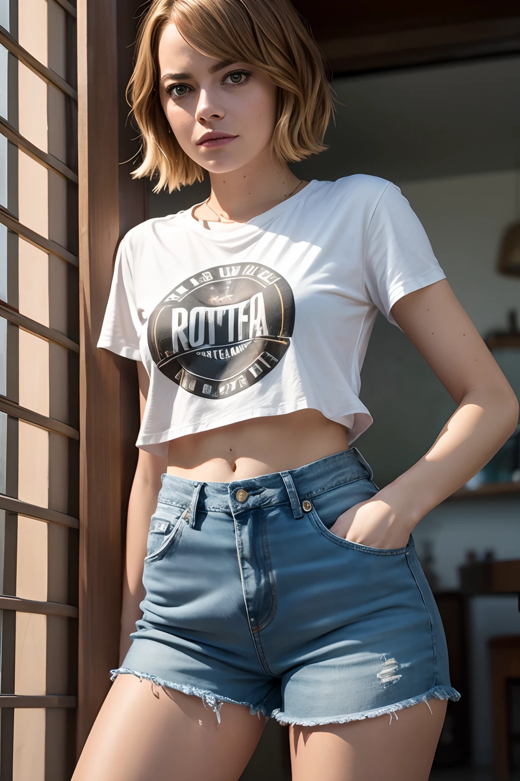 Emma Stones com camiseta branca e shorts jeans , 4k, 8k, high-resolution, master part:1.2), ultra-detalhado, Realistic, tiro de corpo inteiro, vestindo um terno futurista preto brilhante, silhueta sensual de corpo inteiro e curvas ,na rua movimentada