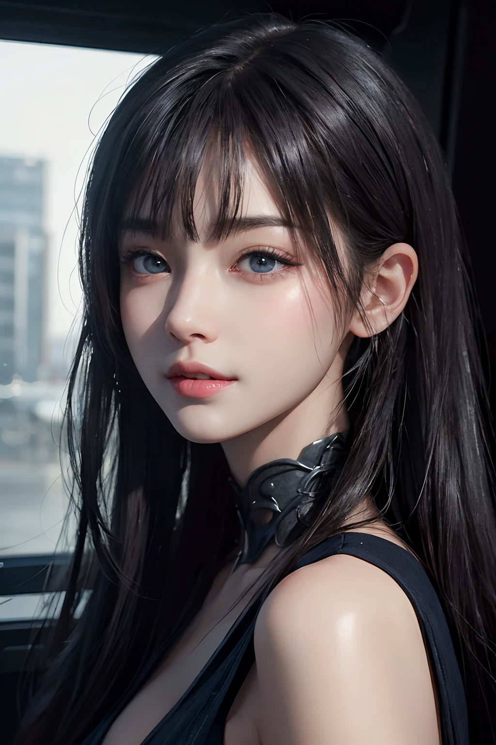 masterpiece, 1 beautiful girls, A detailed eye, Swollen eyes, top-quality, 超A high resolution, (Realistis: 1.4), OriginalPhotographs, 1girl in, verd s eyes, 电影灯光, A smile, japanes, a asian beauty, Korean, clean, ultra beautiful, little young face, Beautiful skins, A slender, cyberpunked (A hyper-realistic), (illustratio), (hight resolution), (8K), (ighly detailed), (The best illustrations), (beautifully detailed eyes), (ultra-detailliert), (wall-paper), (详细的脸), looking at the viewers, finely detail、A detailed face、murky、deep-shadows、Unobtrusive keys、pureerosfaceace_v1、A big smile、blue clothing、length hair、straight haired、46 points of diagonal bangs