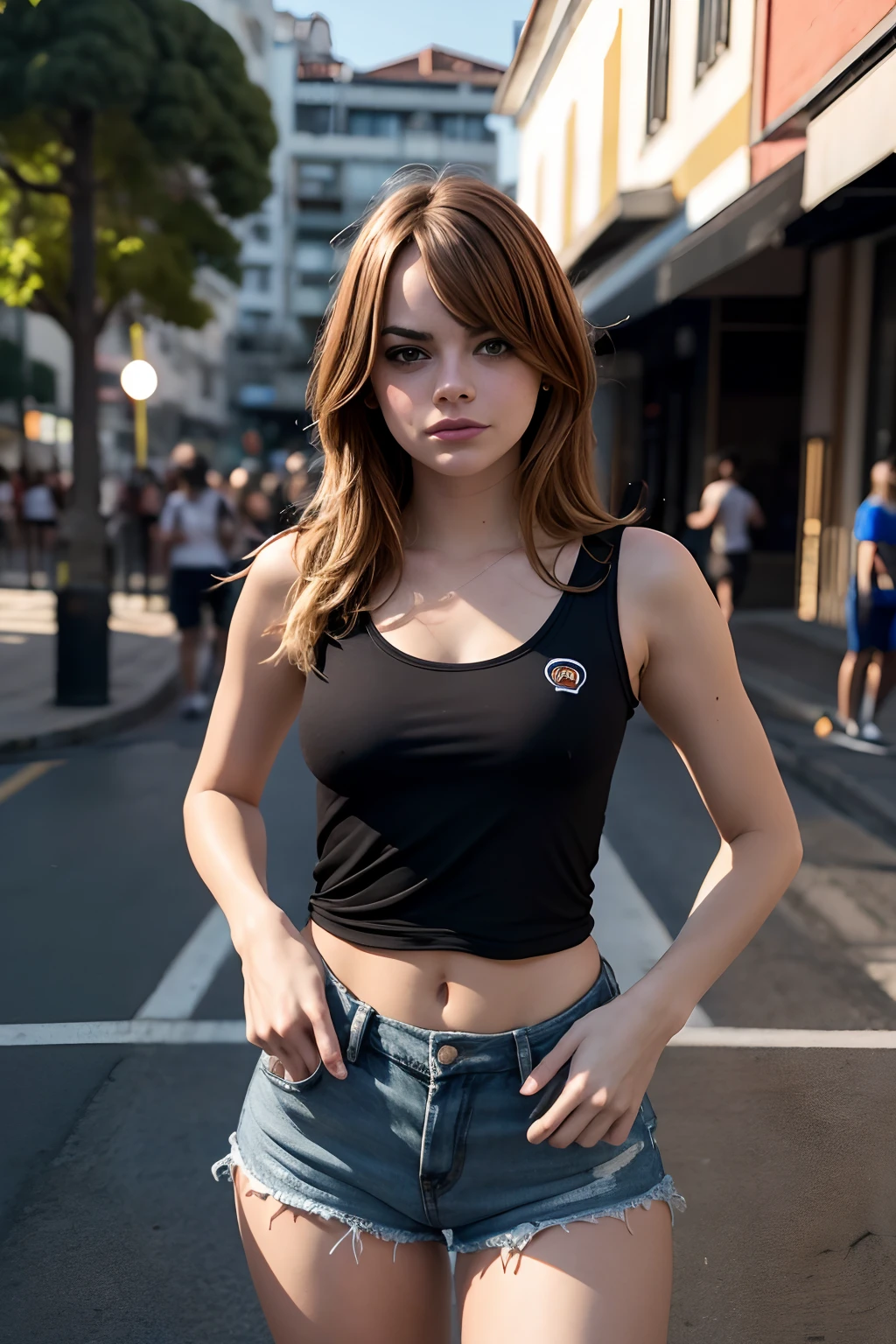 Emma Stones com camiseta branca e shorts leags preto  , 4k, 8k, high-resolution, master part:1.2), ultra-detalhado, Realistic, tiro de corpo inteiro, vestindo um terno futurista preto brilhante, silhueta sensual de corpo inteiro e curvas ,na rua movimentada