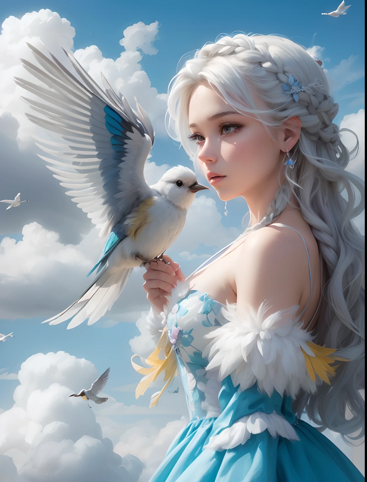 ( High quality , ultra detailed, careful with hand )Zodiac - Aquarius goddess , similar to latin goodness . Generous, trustworthy, independent, logical face . Detached, indifferent, rebellious style . Dark silver eyes (eyes detail) , light blonde hair , long straight hair, transparent dress , in the river with birds , whole body , make up look , throwing water to river . The goddess of river