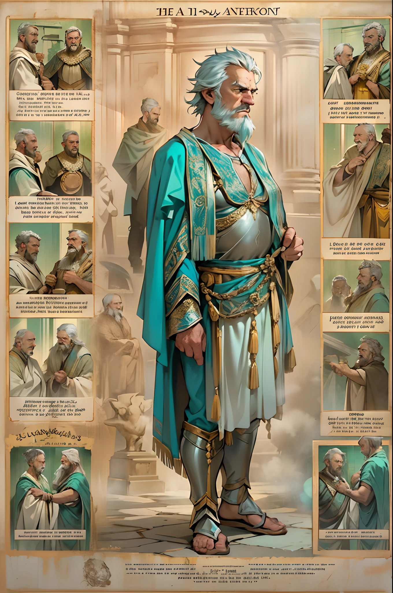(Movie Premiere Poster 1.8),Describes an old king of the ancient Roman Empire Marcus Aurelius(Caesar XIV),by Richard Harris(Richard Harris)Play,A.D. 180, He was 85 years old,The classic Caesar's armor is draped in a turquoise robe,Ornaments belonging to kings,Long messy silver hair,Delicate short beard,Piercing eyes,Full of wisdom,He was surrounded by a lot of candles,I'm flipping through official documents,(He was a dictator all his life,He was a great philosopher,At the same time, he is also a fragile old man who is tired of war,)K's, High definition, Detailed face, Detailed eyes,Hyper-realistic, + cinema shot + Dynamic composition, Incredibly detailed, Sharpen, Cinematic, warm lights, Light effect, Dramaticlight, (Intricate details:1.1), the complex background, (greg rutkovsky:0.8), (Teal and orange:0.4),Correct anatomy,