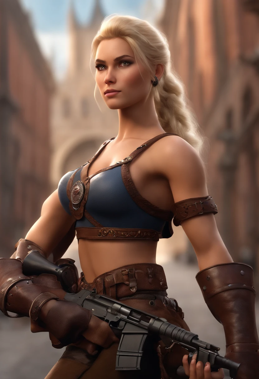 work of art, high qualiy, best qualityer, realisitic, face perfect, expressive eyes, Astrid Hofferson, 1 girl, standing alone, hair blonde, long hair, blue colored eyes, Breasts huge, v-cut, ((sweat cleavage)),erect nipples covered over clothing, voluptuous sexy sweat, zetai ryouiki, standing, holding gun, ax, (hand on fist), fire, Burning, embers, Flame, smoke, sparks, (tenebrosa, natta, tenebrosaness:1.3), Depth of field, naked,show tits, show pussy