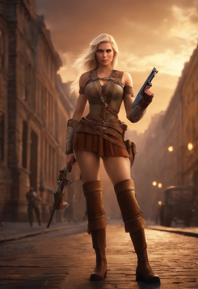 Pixar, cartoon, like a war film, girl, blond, viking, nordic style like the picture, showing her very strong body, strong arms, she is very beautiful, with guns, pistol and rifle, militar clothes, nose are bigger, 3d rendering, fire, rendering flames, brown eyes, brown eyes, city like new york on background, looking at viwer