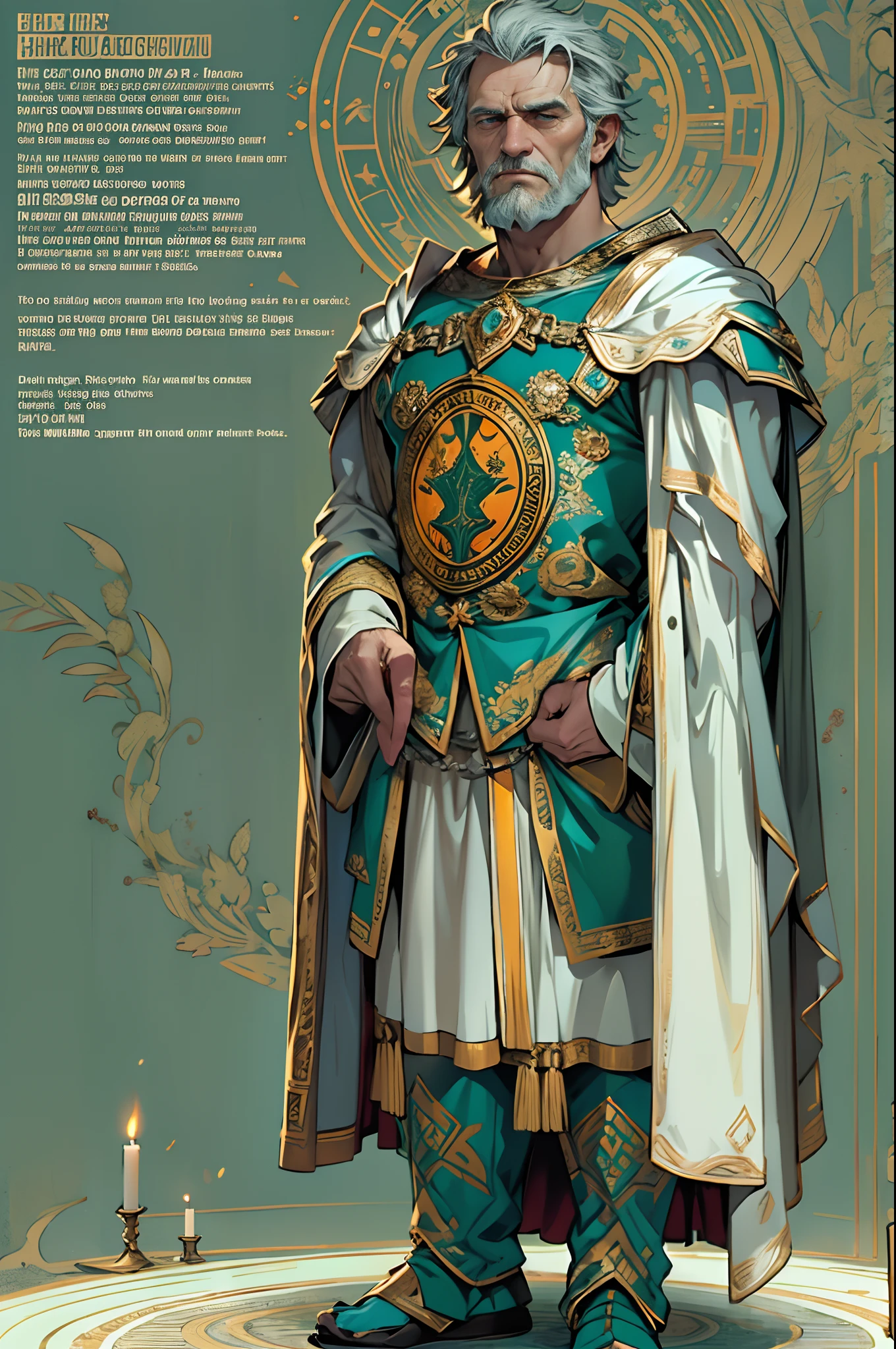 (Movie Premiere Poster 1.8),Describes an old king of the ancient Roman Empire Marcus Aurelius(Caesar XIV),by Richard Harris(Richard Harris)Play,A.D. 180, He was 85 years old,The classic Caesar's armor is draped in a turquoise robe,Ornaments belonging to kings,Long messy silver hair,Delicate short beard,Piercing eyes,Full of wisdom,He was surrounded by a lot of candles,I'm flipping through official documents,(He was a dictator all his life,He was a great philosopher,At the same time, he is also a fragile old man who is tired of war,)K's, High definition, Detailed face, Detailed eyes,Hyper-realistic, + cinema shot + Dynamic composition, Incredibly detailed, Sharpen, Cinematic, warm lights, Light effect, Dramaticlight, (Intricate details:1.1), the complex background, (greg rutkovsky:0.8), (Teal and orange:0.4),Correct anatomy,