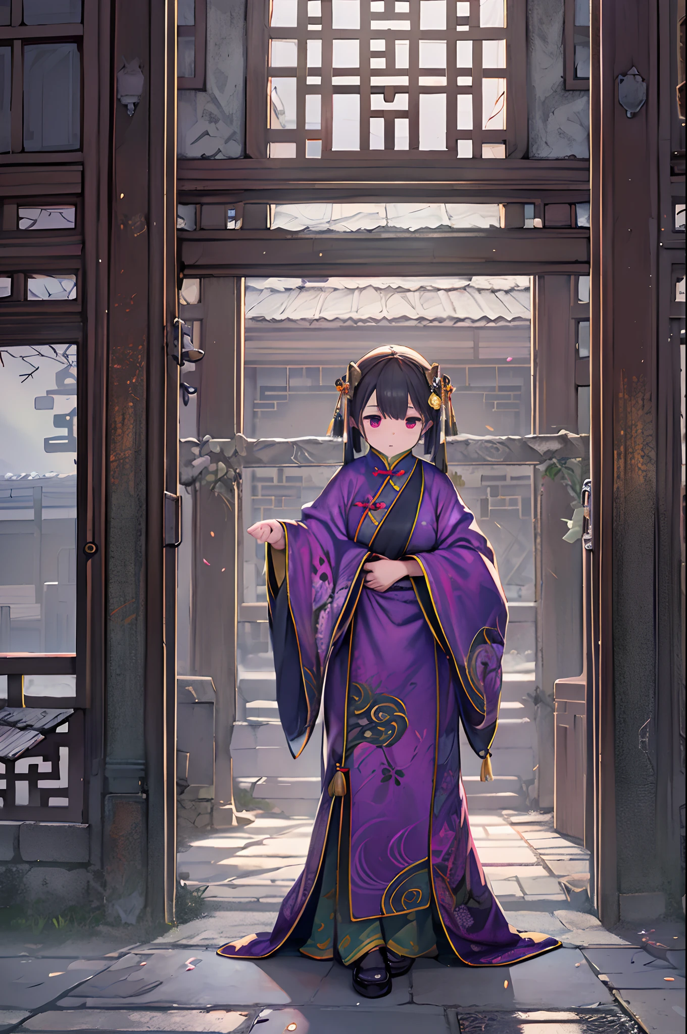 girl with, Wearing purple and black robes, Set in a Chinese-style building