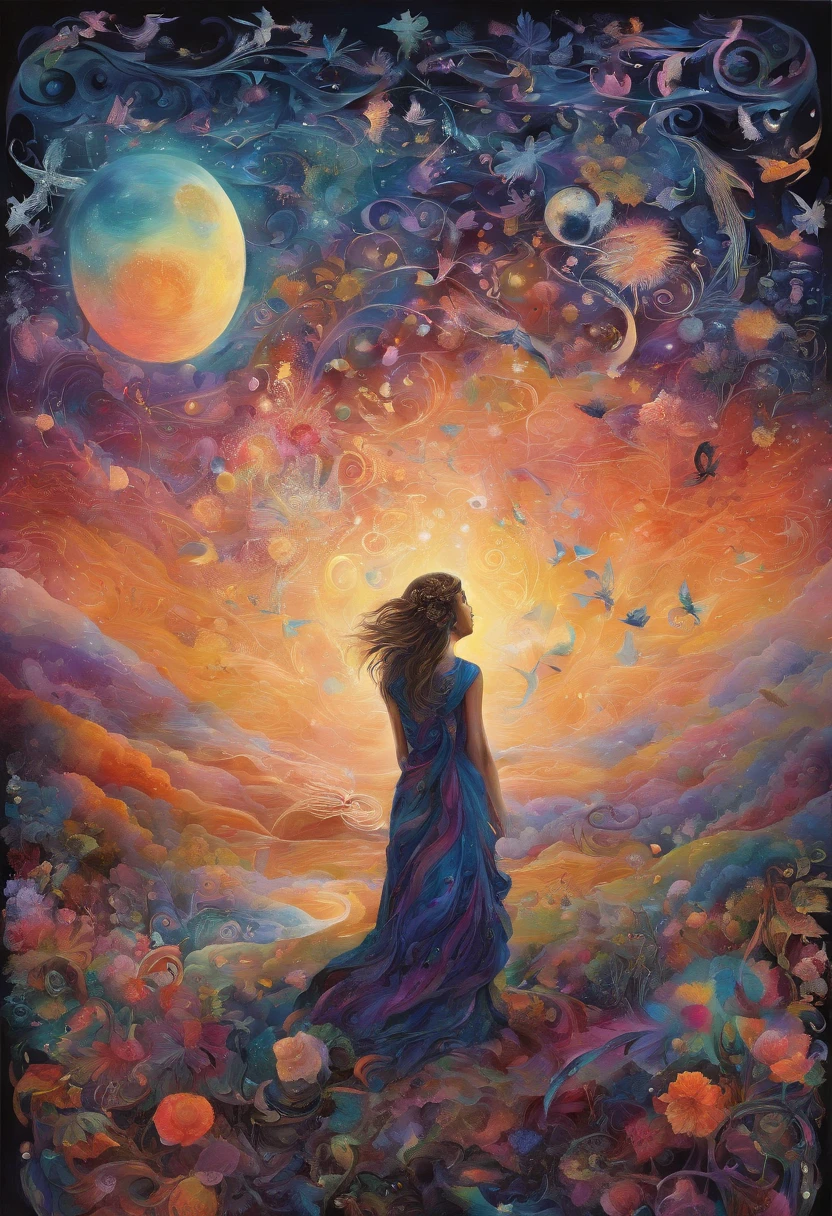 Please visualize all the design elements, including points, lines, planes, chunks, textures yourself and apply them to a dual-dimensional work. based on the song Talking to the Moon