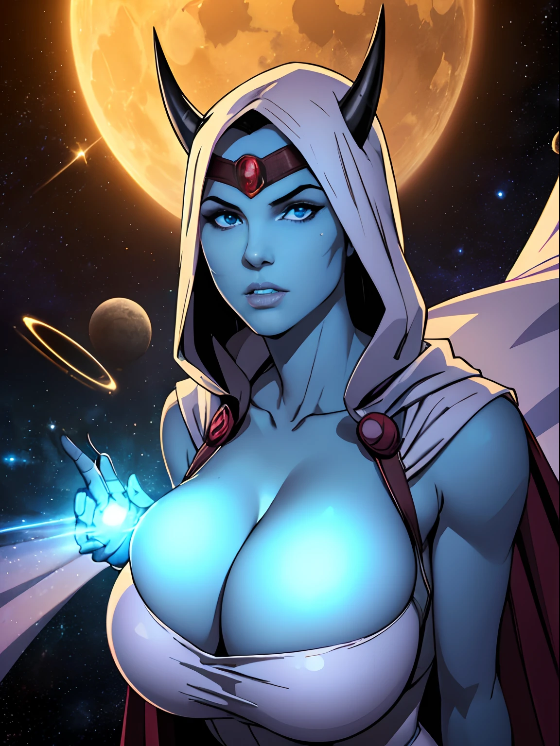 (masterpiece, top quality, best quality, official art, beautiful and aesthetic:1.2), (1girl:1.3), dark blue hair in braid, extremely detailed, portrait, looking at viewer, solo, (full body:0.6), detailed background, close up, (cool science fiction space theme:1.1), ((((blue skin)))), extremely busty sorceress, charlatan, mysterious, casting spells in space, four arms, revealing white robes, fingerless gloves, long gloves, glowing magical energy, blindfold, elaborate headdress, golden ceremonial horns, sheer white fabric, elegant robes, skirts, streamers, cowl, cape, sandals, bracers, ((((extra arms, gigantic breasts, cleavage, skindentation)))), slim waist, slim hips, long legs, athletic, SPACE, futuristic moon, (space exterior:1.1) background, dark mysterious lighting, shadows, magical atmosphere, dutch angle