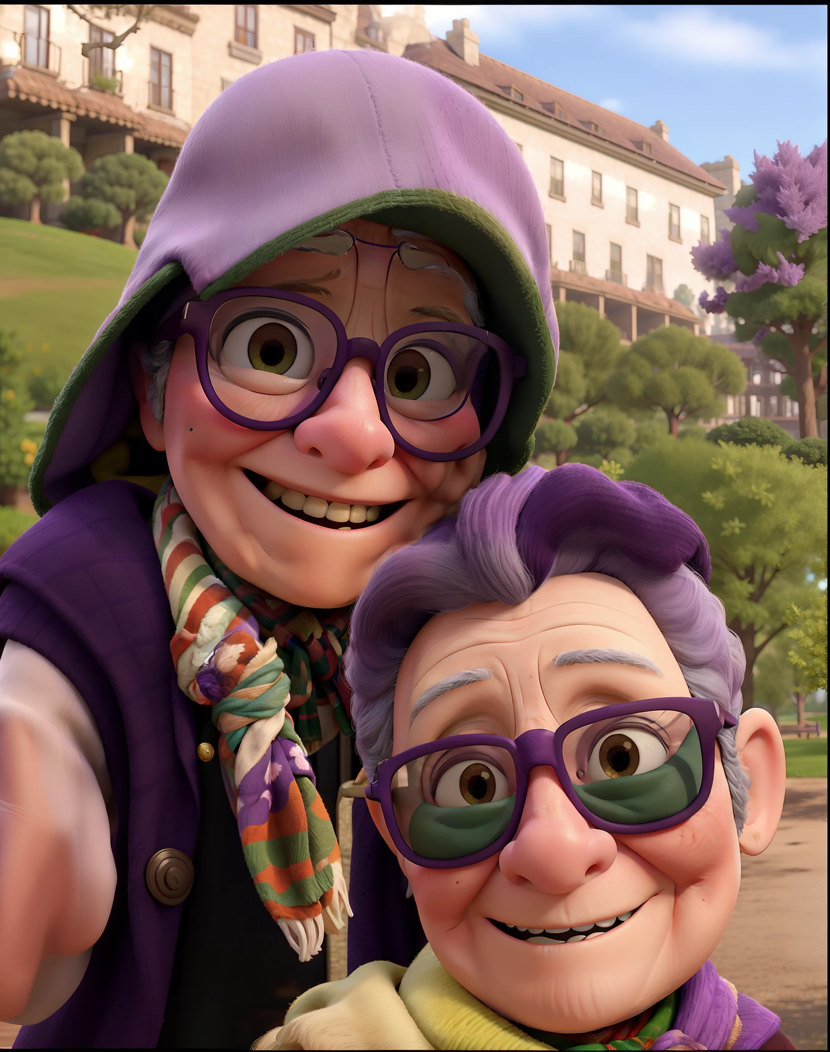 masterpiece, best quality, an old woman with glasses and a scarf on, wearing a purple coat and green scarf, standing at the park