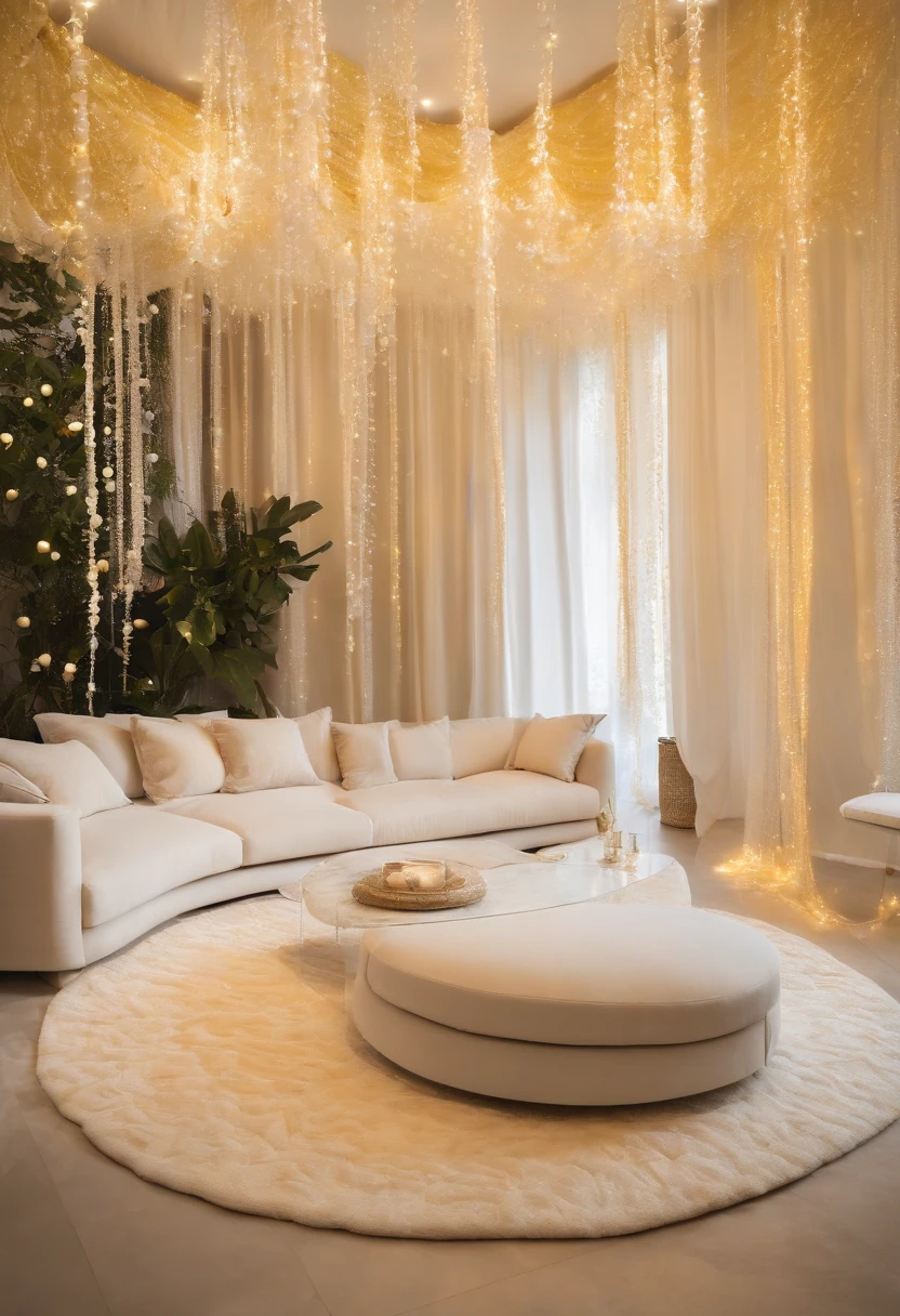 Real photo, white drywall, and decorated with light yellow and white and cream bubble strings