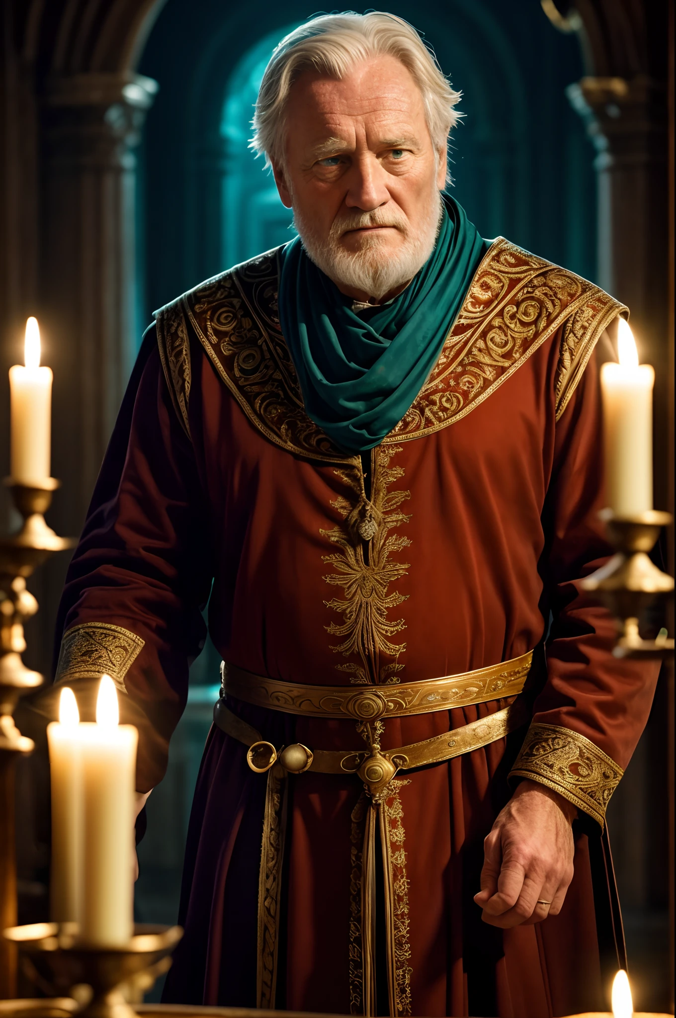(Movie Premiere Poster 1.8)，Describes an old king of the Roman Empire，by Richard Harris（Richard Harris）played，Marcus Aurelius（Caesar XIV），180 AD， The king is old，He was surrounded by a lot of candles，He was looking through the papers。K's, High definition, Detailed face, Detailed eyes，Hyper-realistic, + cinema shot + Dynamic composition, Incredibly detailed, Sharpen, Cinematic, warm lights, Light effect, Dramaticlight, (Intricate details:1.1), the complex background, (greg rutkovsky:0.8), (Teal and orange:0.4），Correct ???????，