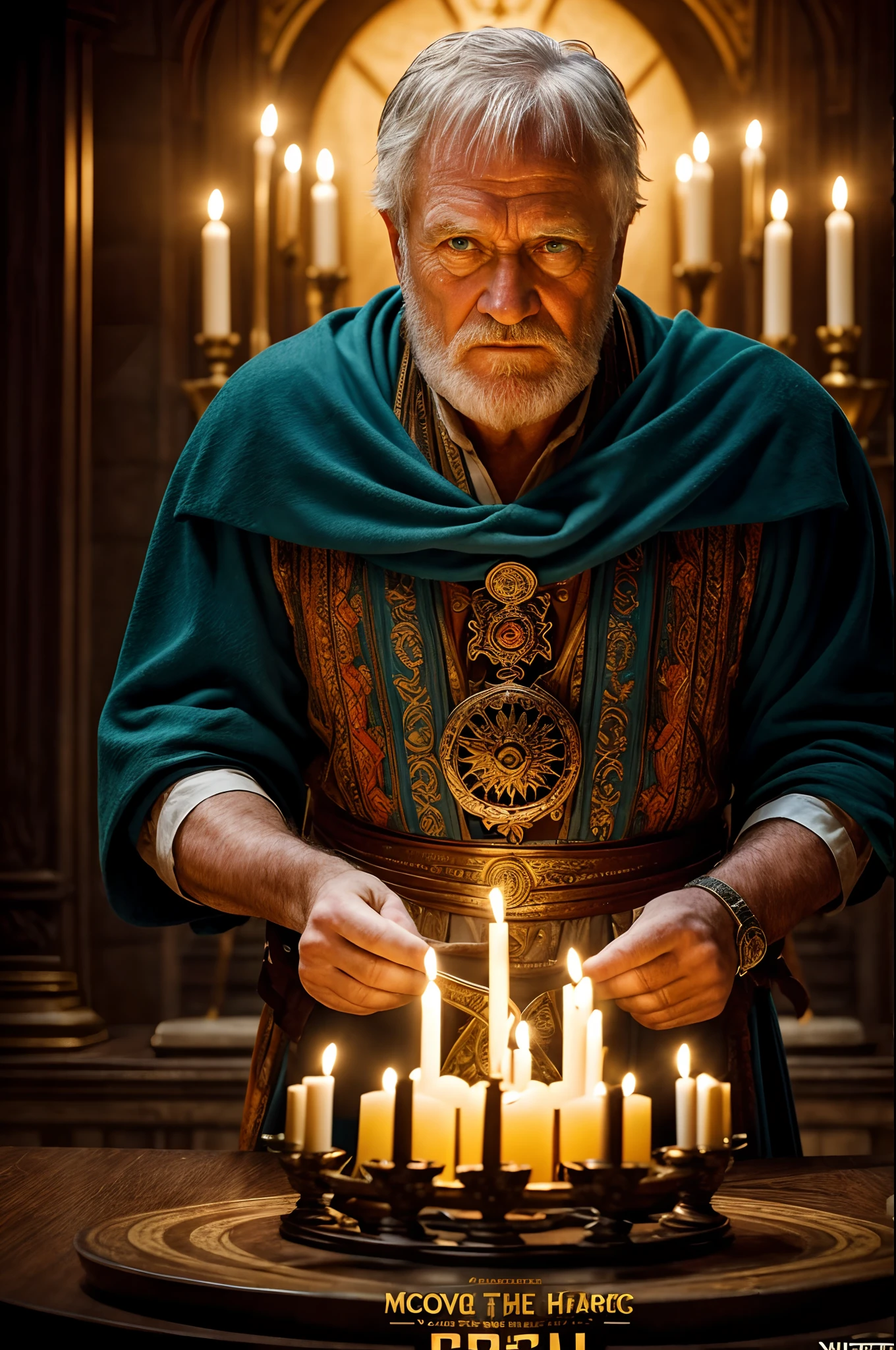 A cinematic film still capturing the ornate, ritualistic implements used by a religious cult member, the flickering candlelight casting an otherworldly glow on the arcane objects.

