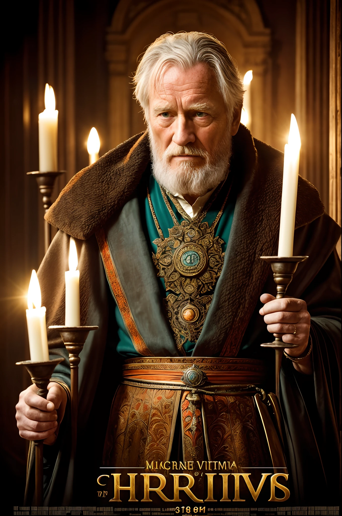 (Movie Premiere Poster 1.8),Describes an old king of the Roman Empire,by Richard Harris(Richard Harris)played,Marcus Aurelius(Caesar XIV),180 AD, The king is old,He was surrounded by a lot of candles,He was looking through the papers。K's, High definition, Detailed face, Detailed eyes,Hyper-realistic, + cinema shot + Dynamic composition, Incredibly detailed, Sharpen, Cinematic, warm lights, Light effect, Dramaticlight, (Intricate details:1.1), the complex background, (greg rutkovsky:0.8), (Teal and orange:0.4),Correct anatomy,