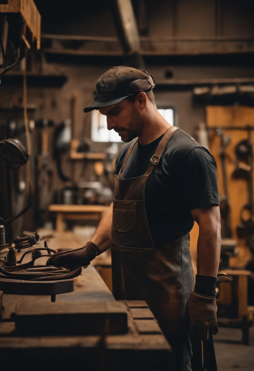 Male Welder, Short Hair Hair, With T-shirt written "meaning", Work in a woodworking shop.