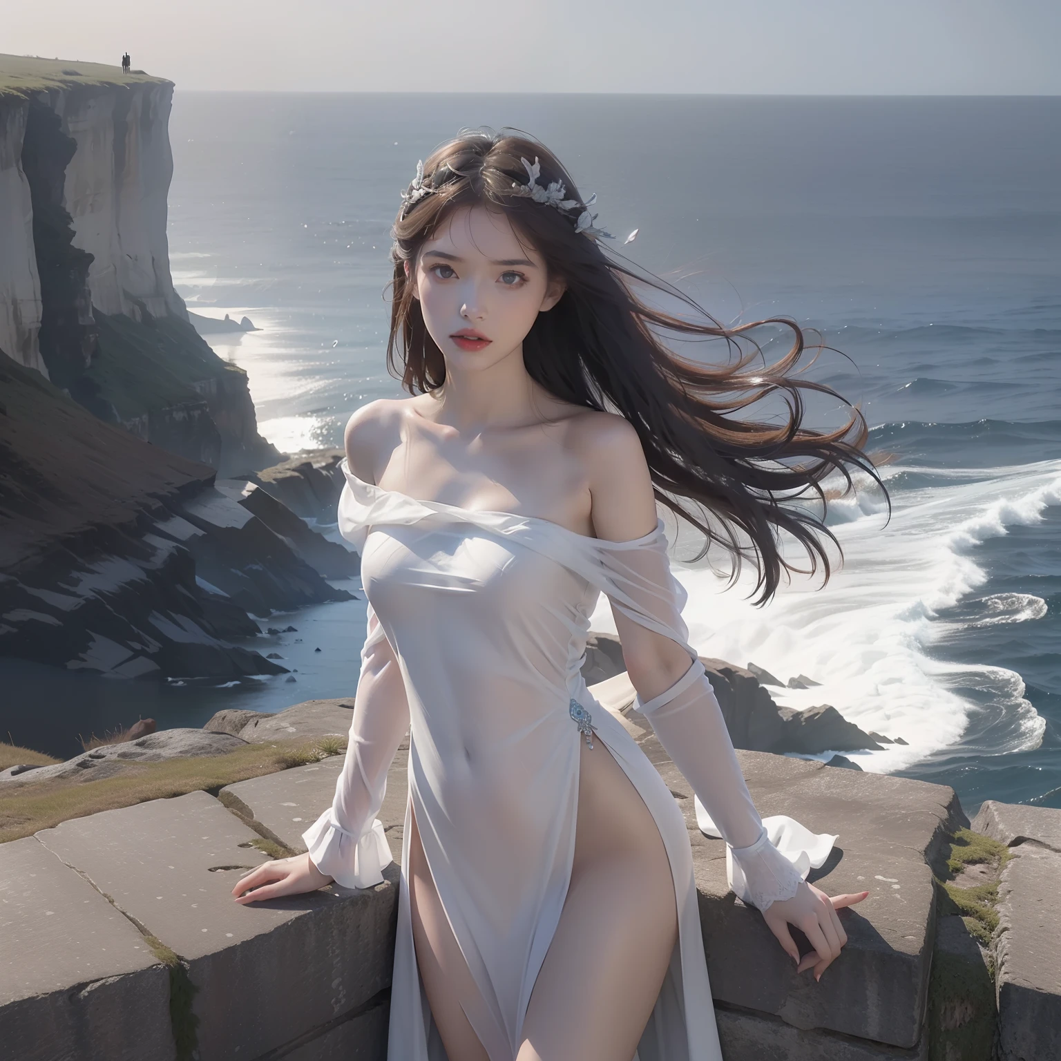 Dress conservatively,femele, White, Blue, Red,(Best quality, Ultra-detailed, high resolution, Extremely detailed CG),Wide shot,The Angel of Death stands on the edge of a cliff,She is very beautiful,She loves blood and the sea,Bloody rain, mistic,Rabid, Intricate, Surreal,Delicate