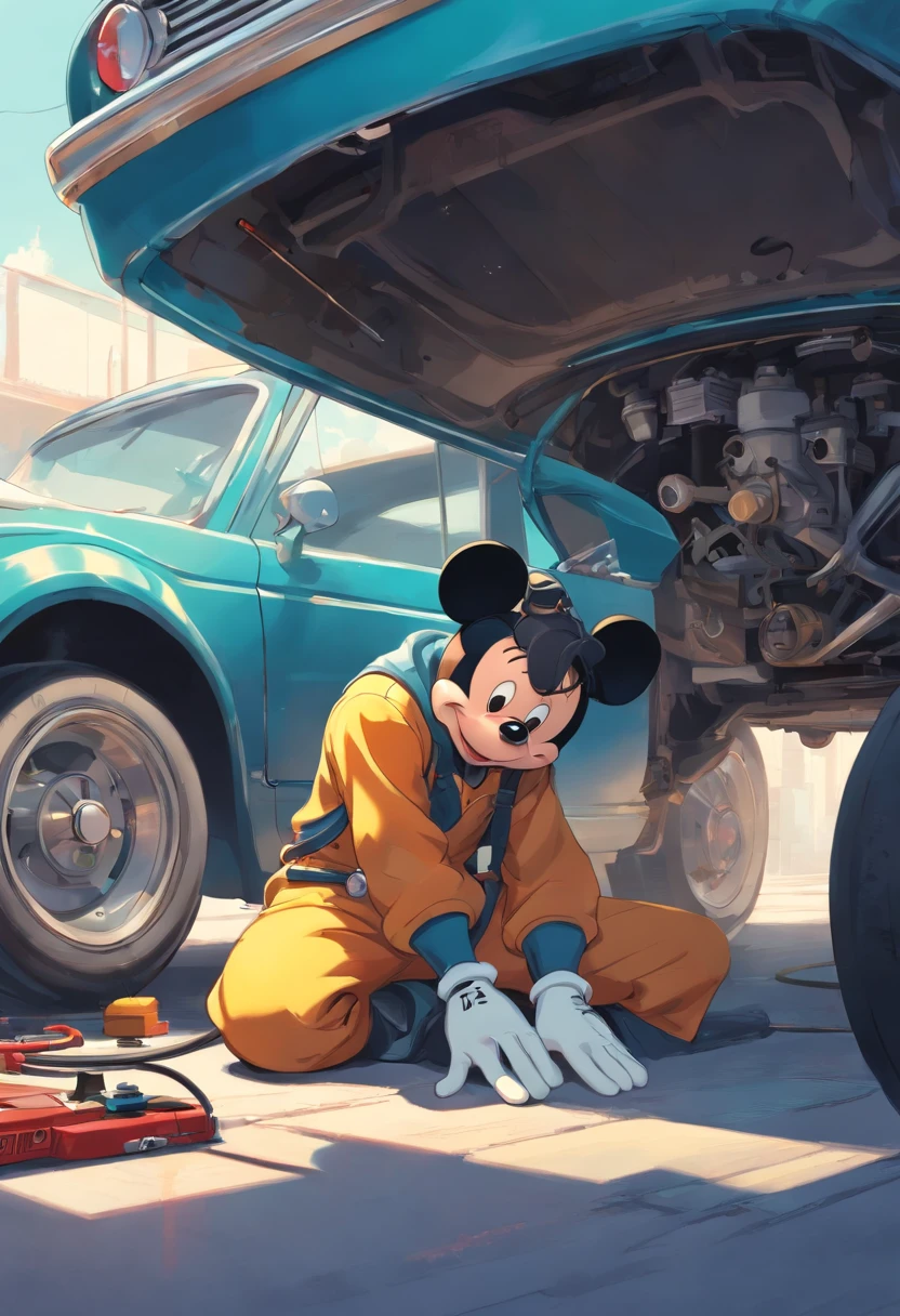 "A masterpiece illustration of Mickey Mouse as a skilled mechanic repairing a car, Featuring perfect body proportions and an impeccably detailed head, in high definition."