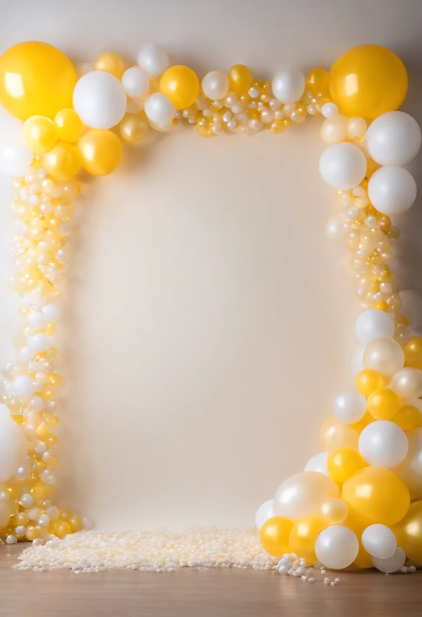 Real photo, white drywall, and decorated with light yellow and white and cream bubble strings, Birthday decoration backdrop, used for studio photography
