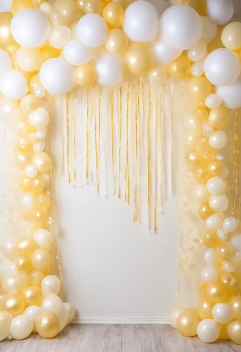 Real photo, white drywall, and decorated with light yellow and white and cream bubble strings, Birthday decoration backdrop, used for studio photography