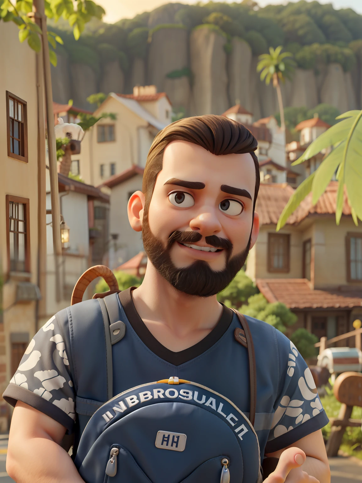 Poster no estilo Disney pixar, alta qualidade, melhor qualidade, jovem branco, 23 anos cabelo grisalho barba preta, com mochila de trilha , com fundo em de uma bela vista de por do sol