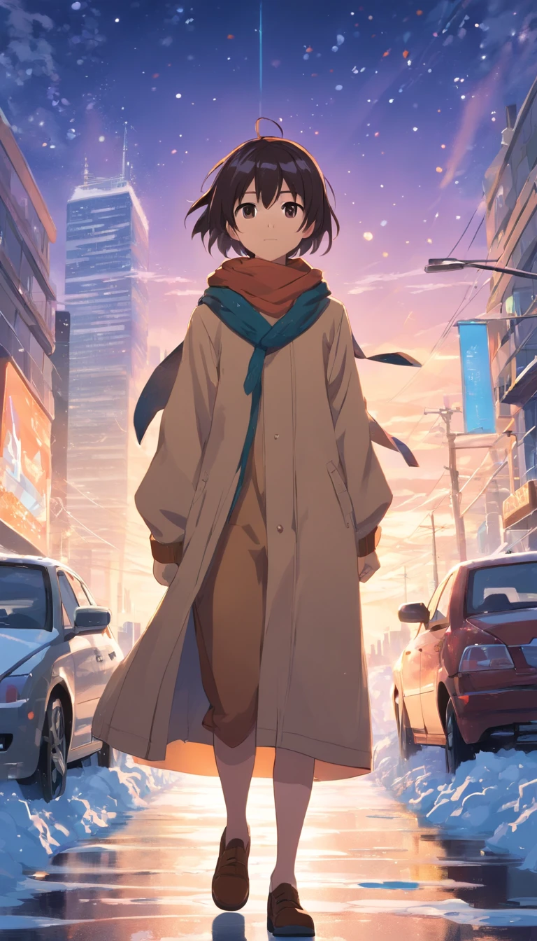aluno,19 anos,cabelos de cor preta,quadratic element,alta e frio,Dominador,elite,Rosto pontiagudo,olhos alaranjados,Vestido de terno preto para homens,Fundo bidimensional da cidade,Nevando,raios de sol