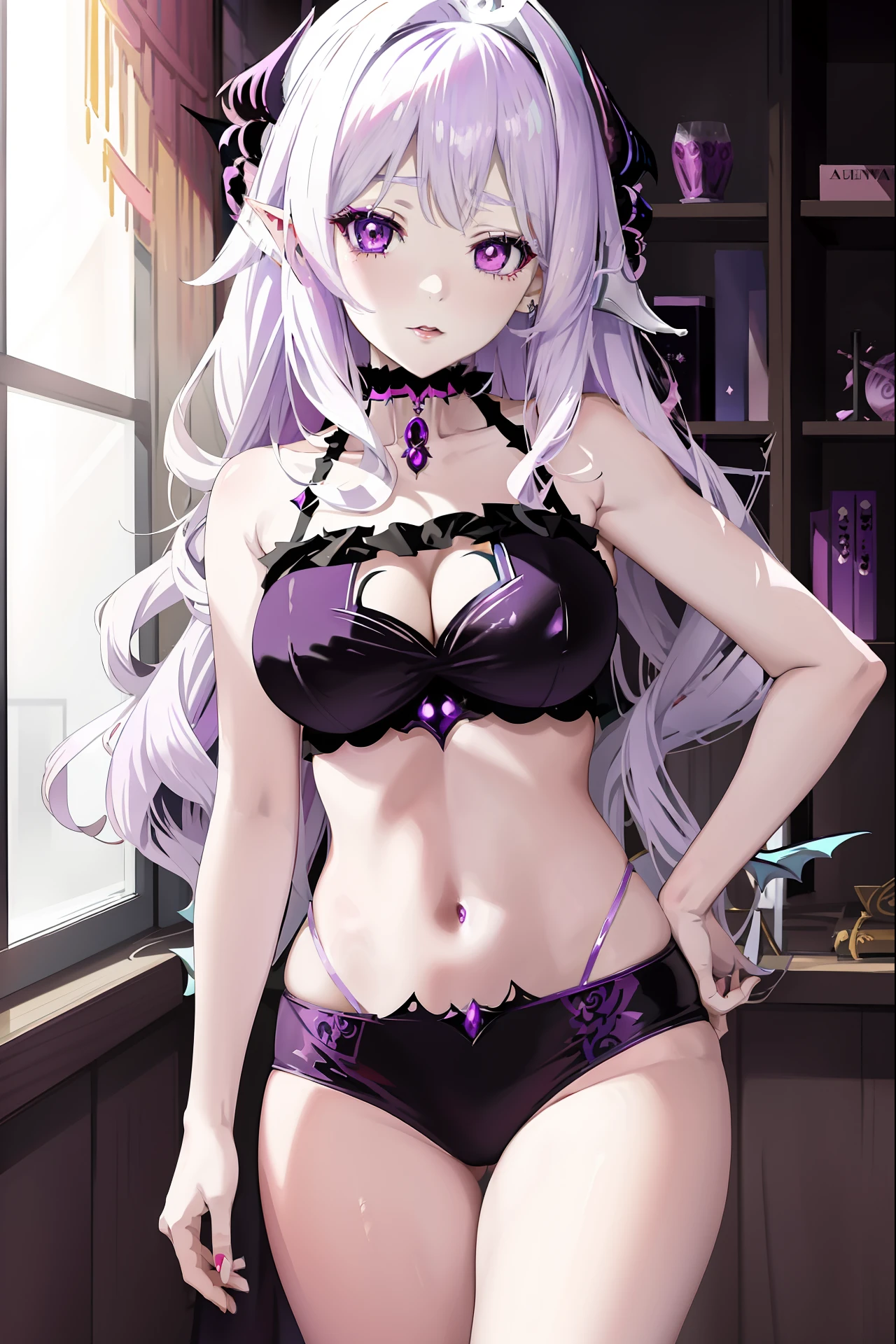 Anime - image modeled on a woman dressed in a lilac costume, demon anime girl, beautiful succubus, anime goddess, seductive anime girl, anime monster girl, white haired deity, Sukupus, white horns queen demon, beautiful alluring anime woman, beautiful elegant demon queen, Dragon Girl, Gothic Girl