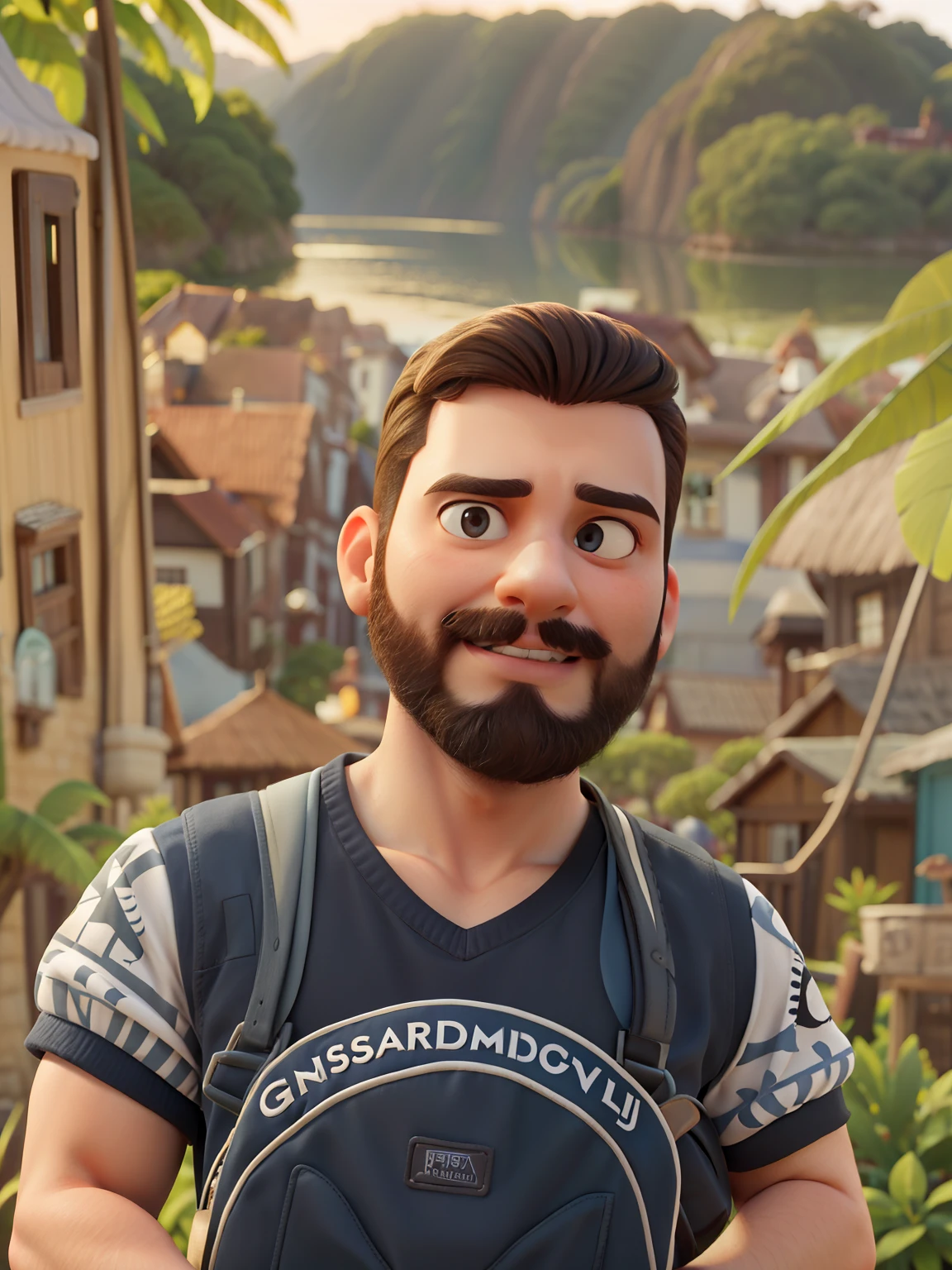 Poster no estilo Disney pixar, alta qualidade, melhor qualidade, jovem branco, 23 anos cabelo grisalho barba preta, com mochila de trilha , com fundo em de uma bela vista de por do sol