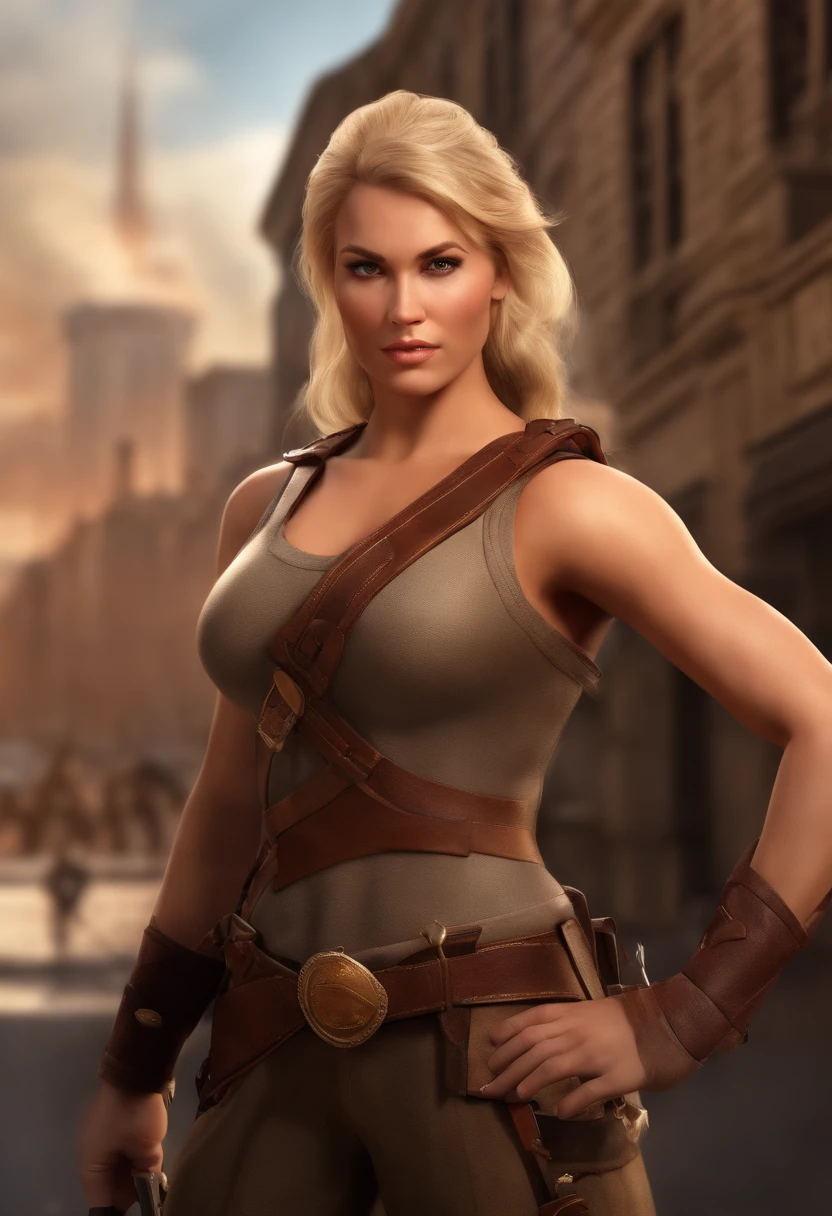 Pixar, cartoon, like a war film, blond, viking, Nordic style like the picture, very strong body, strong arms, very beautiful, with guns, pistol and rifle, military clothes, nose are bigger, 3d rendering, fire, rendering flames, brown eyes, brown eyes, city like new york on background, looking at viewer