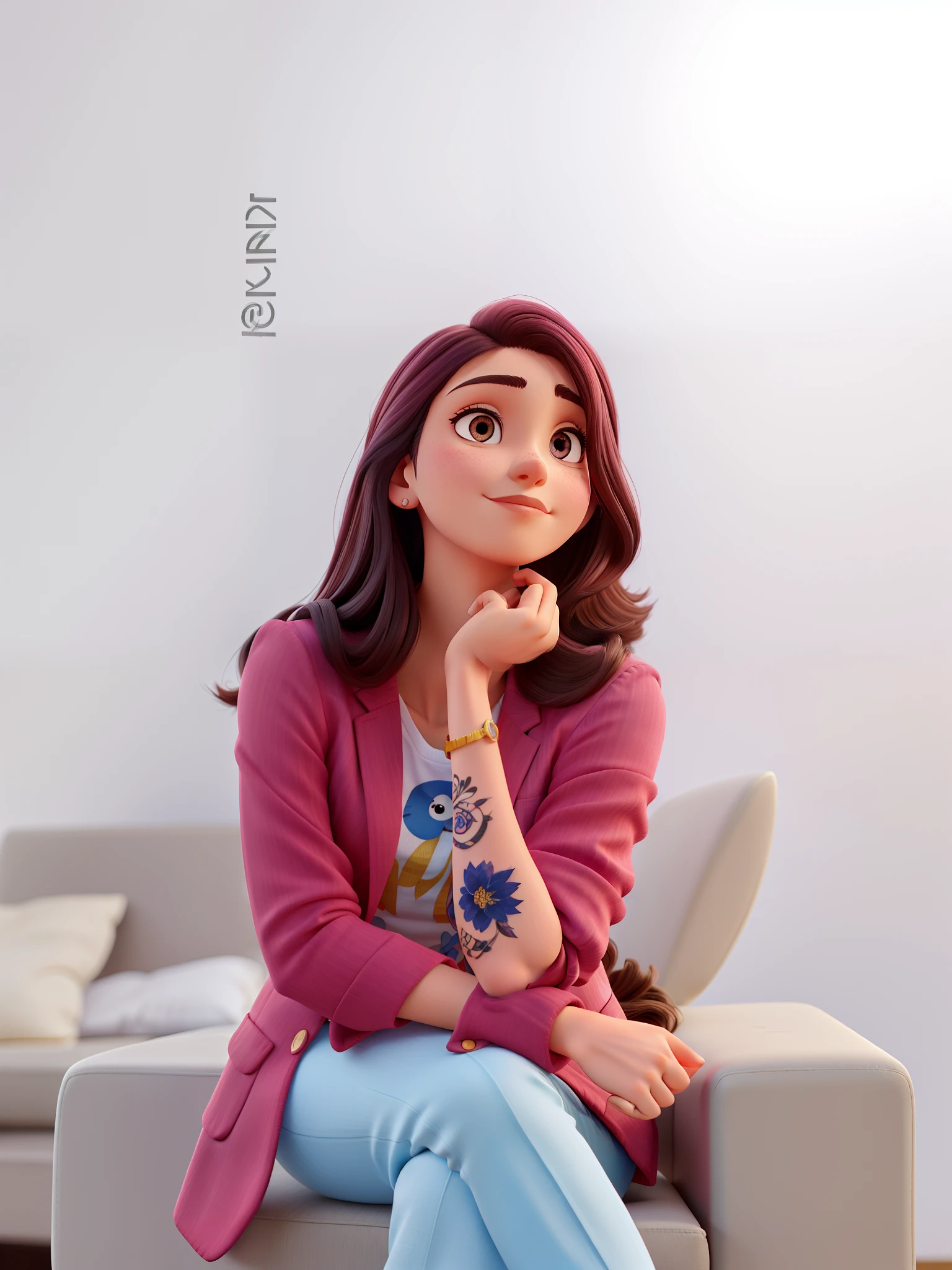 Uma mulher, olhos castanhos escuro, cabelo na altura do ombro, blazer rosa, blusa branca, Bird Tattoo